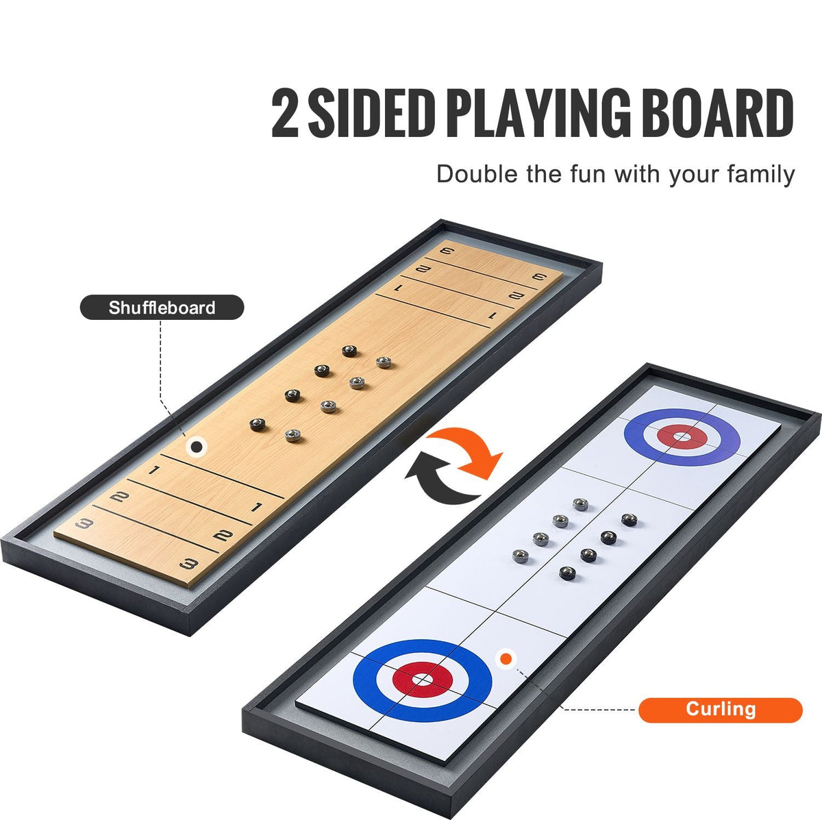 Shuffleboard and Curling 2 in 1 Board Games, 45" Portable Tabletop Set, Two Sided Tabletop Shuffleboard with 8 Rolling Pucks, Shuffleboard and Curling Combo Game Set for Kids and Family