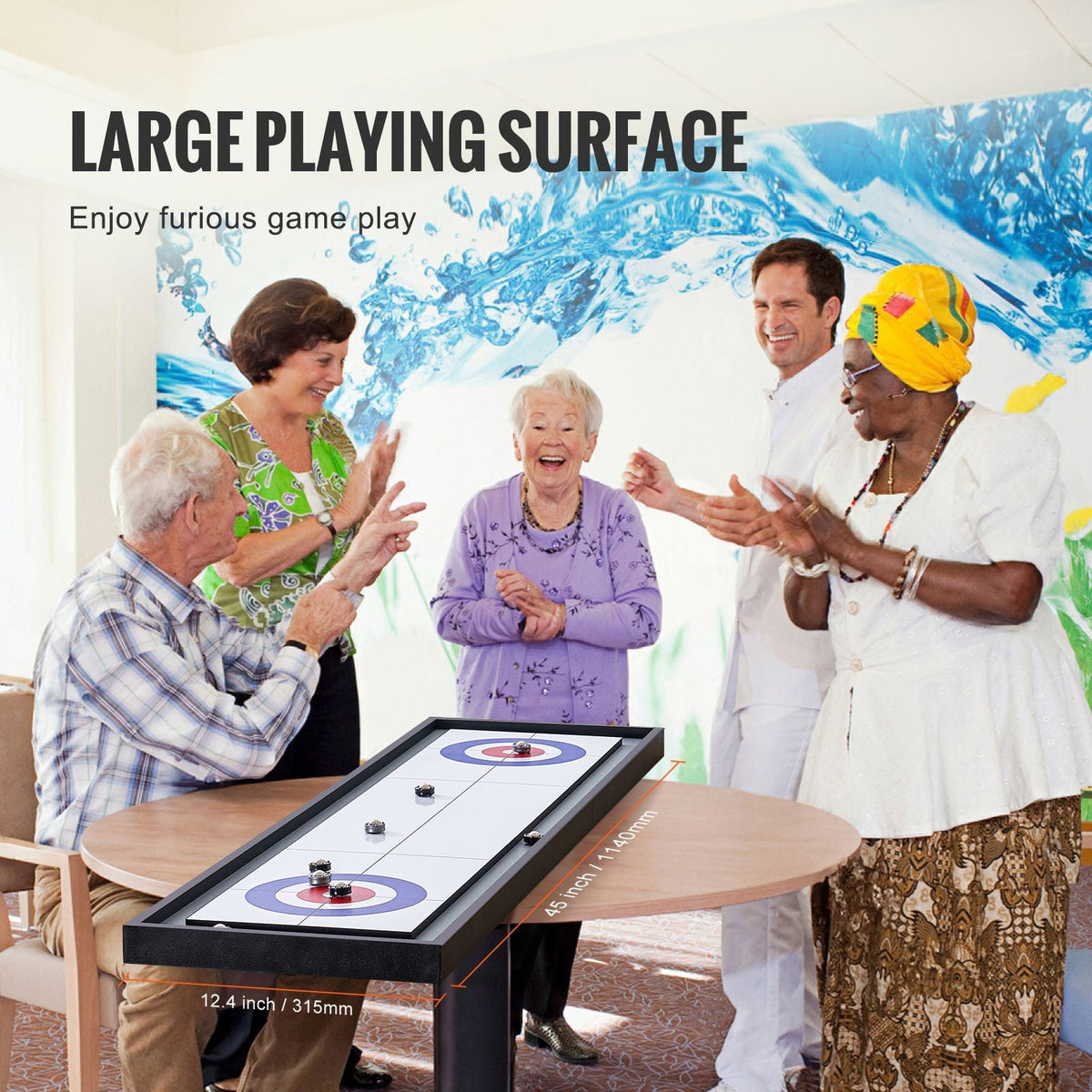 Shuffleboard and Curling 2 in 1 Board Games, 45" Portable Tabletop Set, Two Sided Tabletop Shuffleboard with 8 Rolling Pucks, Shuffleboard and Curling Combo Game Set for Kids and Family