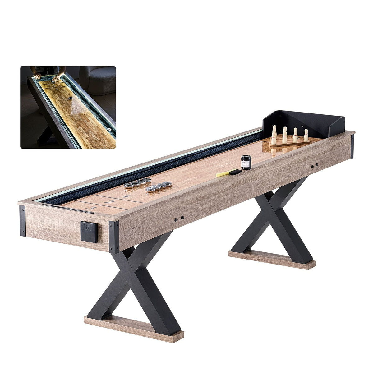 Shuffleboard Table, 9 ft LED Light Up Shuffleboard for Family Game Room, 2 in 1 Shuffleboard and Bowling Combo Game Set, with Scratch-Resistant Playfield, Legs, 8 Pucks, Bowling Set, Wax, Brush