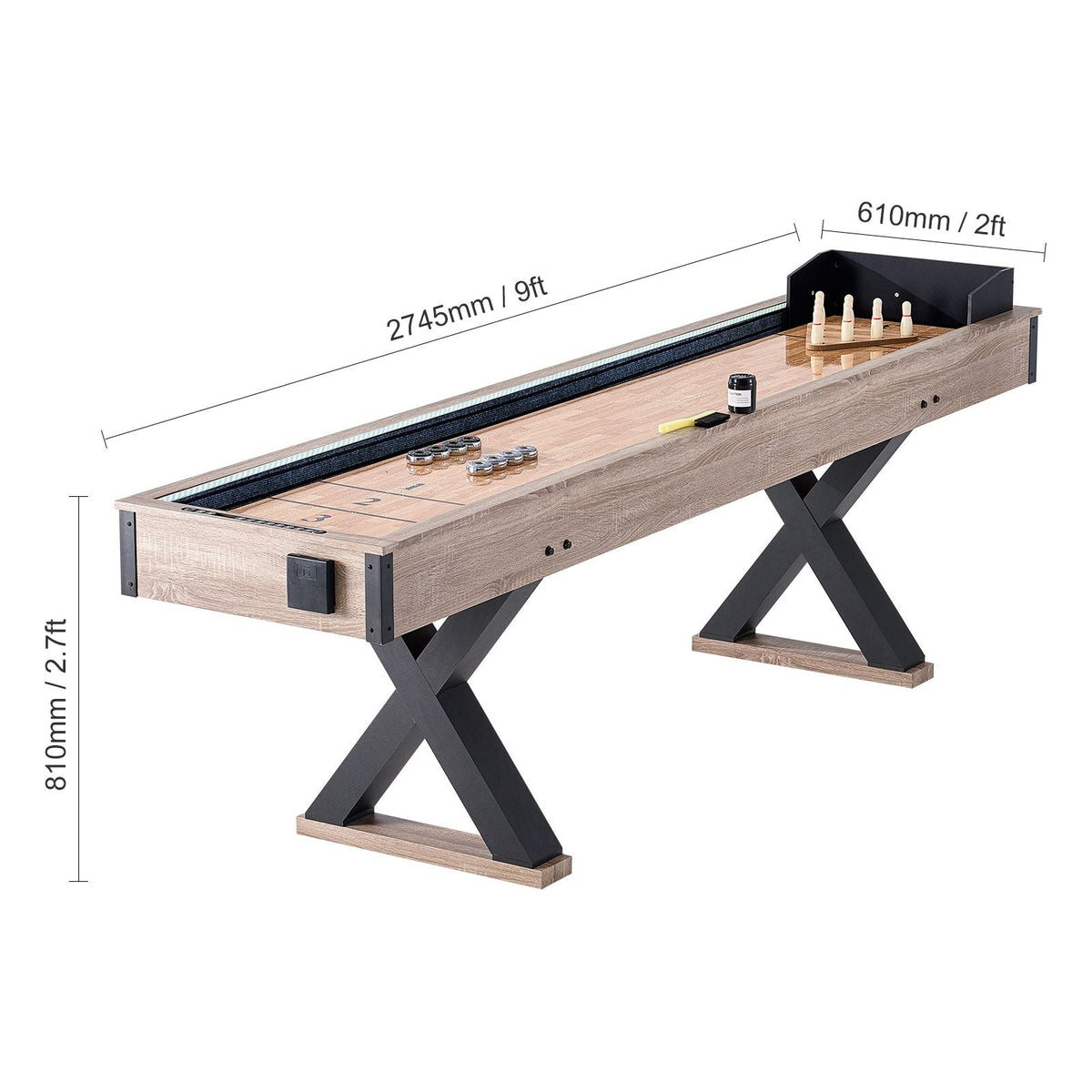 Shuffleboard Table, 9 ft LED Light Up Shuffleboard for Family Game Room, 2 in 1 Shuffleboard and Bowling Combo Game Set, with Scratch-Resistant Playfield, Legs, 8 Pucks, Bowling Set, Wax, Brush