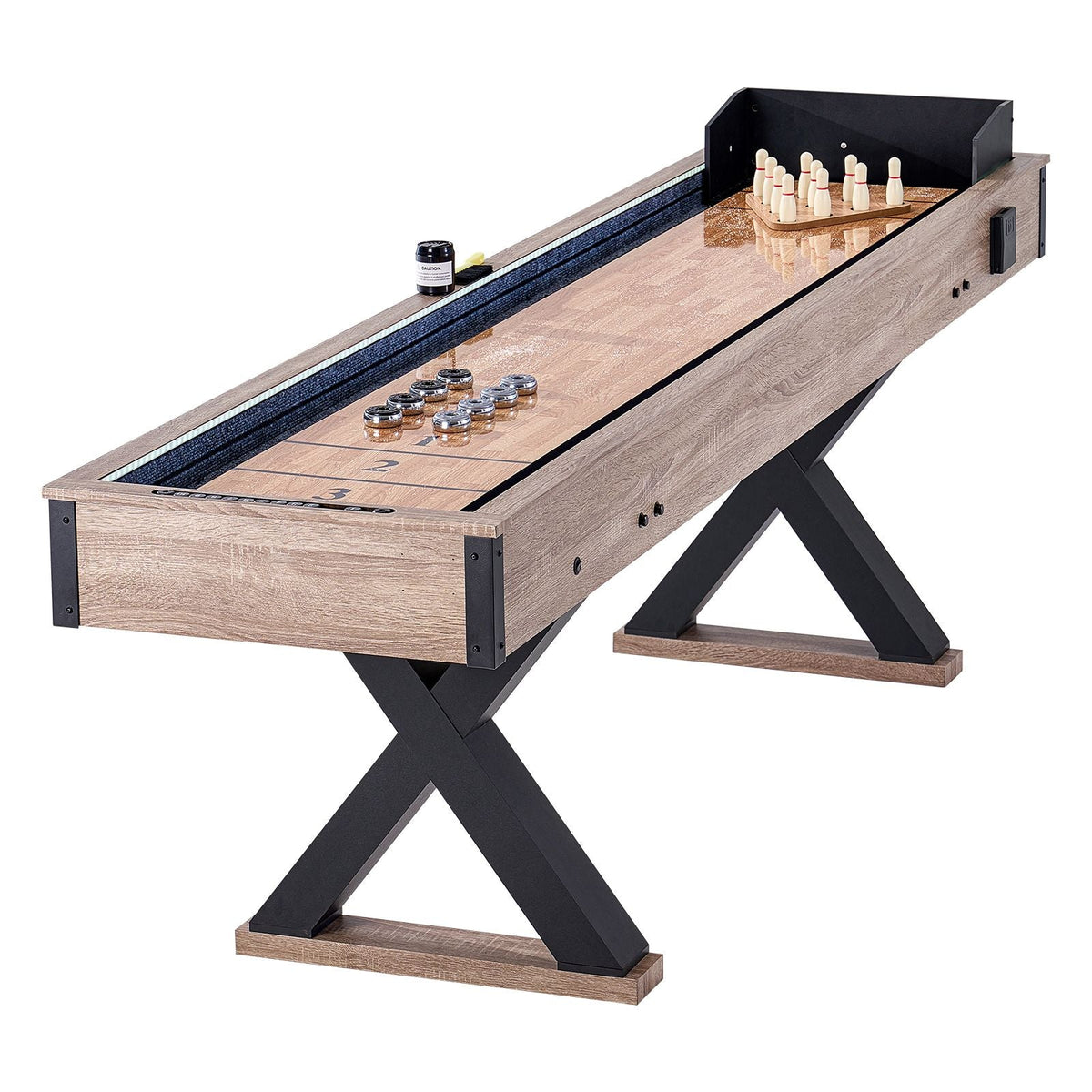 Shuffleboard Table, 9 ft LED Light Up Shuffleboard for Family Game Room, 2 in 1 Shuffleboard and Bowling Combo Game Set, with Scratch-Resistant Playfield, Legs, 8 Pucks, Bowling Set, Wax, Brush