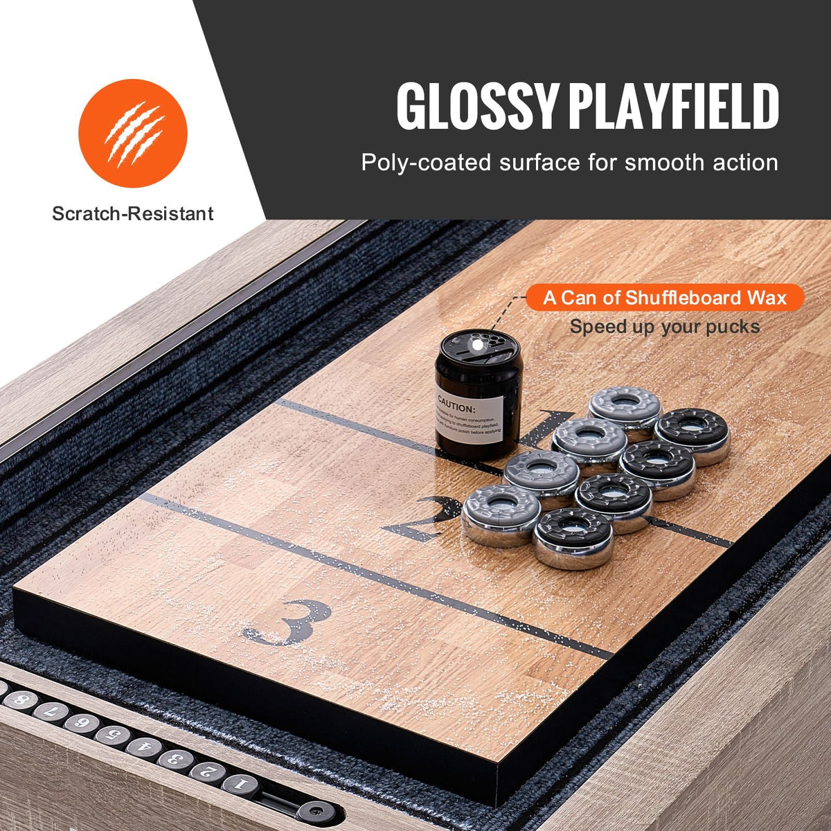 Shuffleboard Table, 9 ft LED Light Up Shuffleboard for Family Game Room, 2 in 1 Shuffleboard and Bowling Combo Game Set, with Scratch-Resistant Playfield, Legs, 8 Pucks, Bowling Set, Wax, Brush