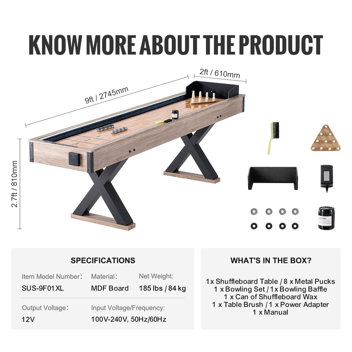 Shuffleboard Table, 9 ft LED Light Up Shuffleboard for Family Game Room, 2 in 1 Shuffleboard and Bowling Combo Game Set, with Scratch-Resistant Playfield, Legs, 8 Pucks, Bowling Set, Wax, Brush