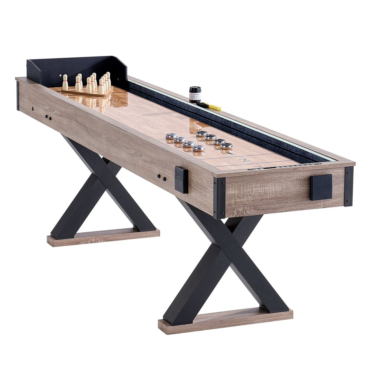 Shuffleboard Table, 9 ft LED Light Up Shuffleboard for Family Game Room, 2 in 1 Shuffleboard and Bowling Combo Game Set, with Scratch-Resistant Playfield, Legs, 8 Pucks, Bowling Set, Wax, Brush