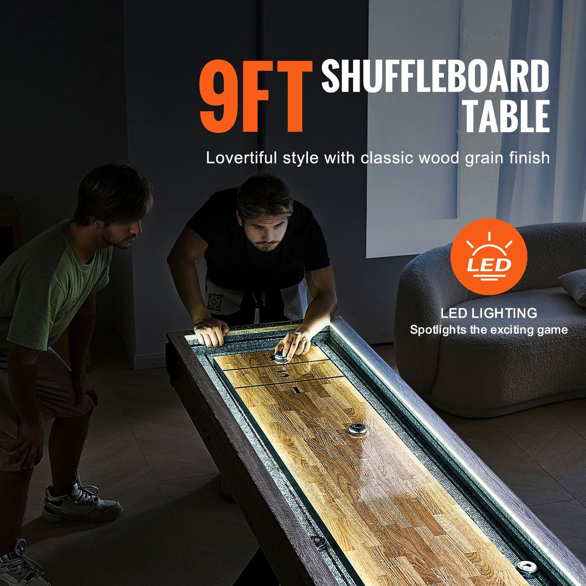 Shuffleboard Table, 9 ft LED Light Up Shuffleboard for Family Game Room, 2 in 1 Shuffleboard and Bowling Combo Game Set, with Scratch-Resistant Playfield, Legs, 8 Pucks, Bowling Set, Wax, Brush