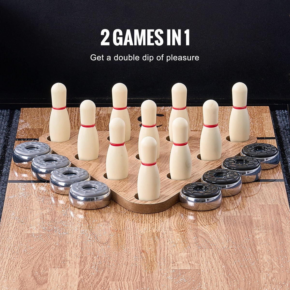 Shuffleboard Table, 9 ft LED Light Up Shuffleboard for Family Game Room, 2 in 1 Shuffleboard and Bowling Combo Game Set, with Scratch-Resistant Playfield, Legs, 8 Pucks, Bowling Set, Wax, Brush