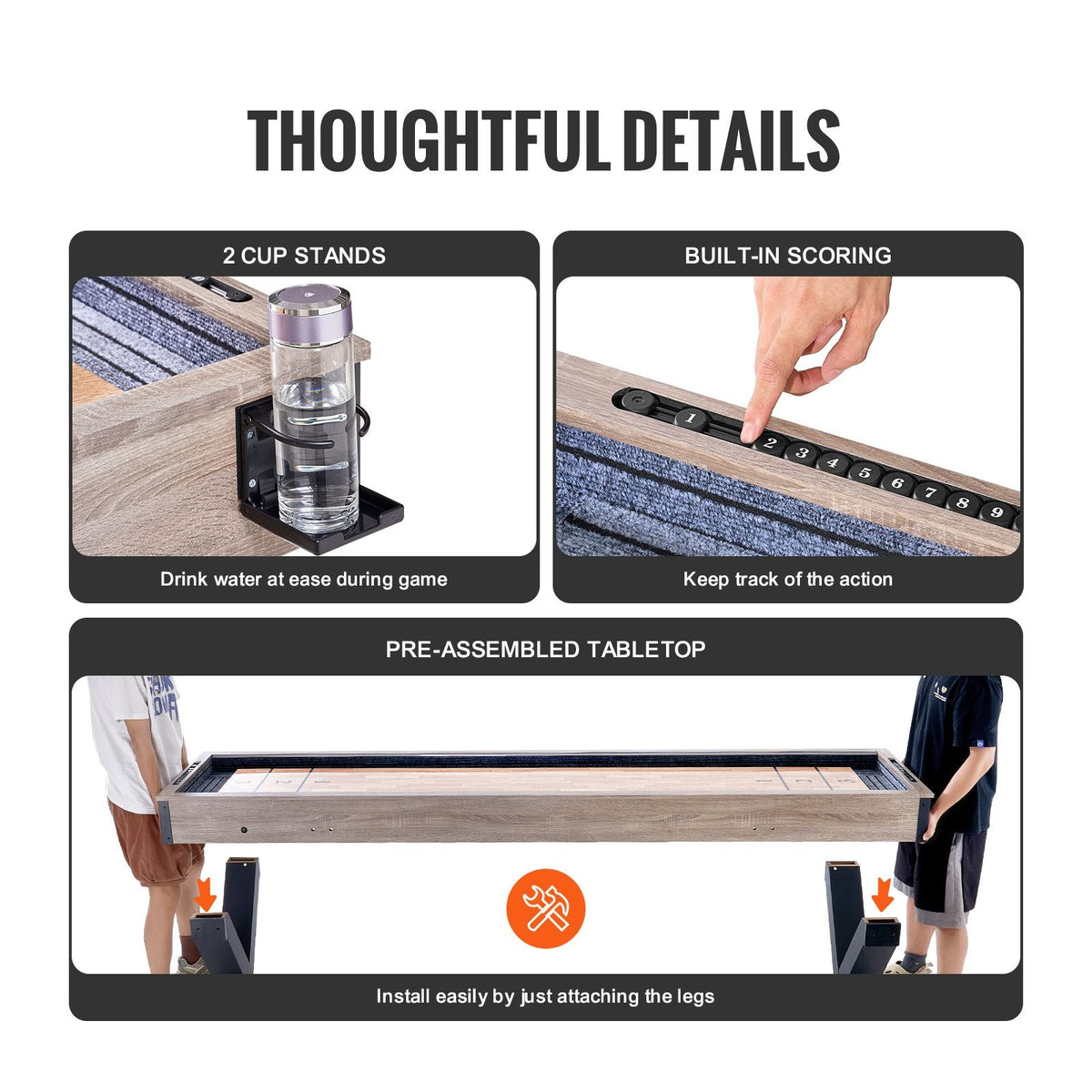 Shuffleboard Table, 9 ft LED Light Up Shuffleboard for Family Game Room, 2 in 1 Shuffleboard and Bowling Combo Game Set, with Scratch-Resistant Playfield, Legs, 8 Pucks, Bowling Set, Wax, Brush