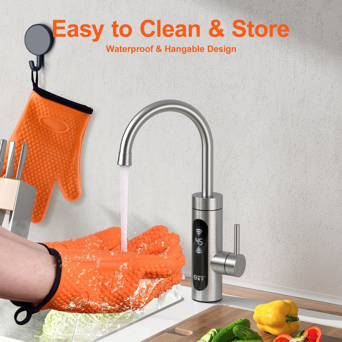 Silicone Smoker Oven Gloves, Non-Slip Heat Resident BBQ Grill Gloves with Fingers, Waterproof & Hangable Design, Easy to Clean & Store, for Grilling, Oven, BBQ, Baking, Frying