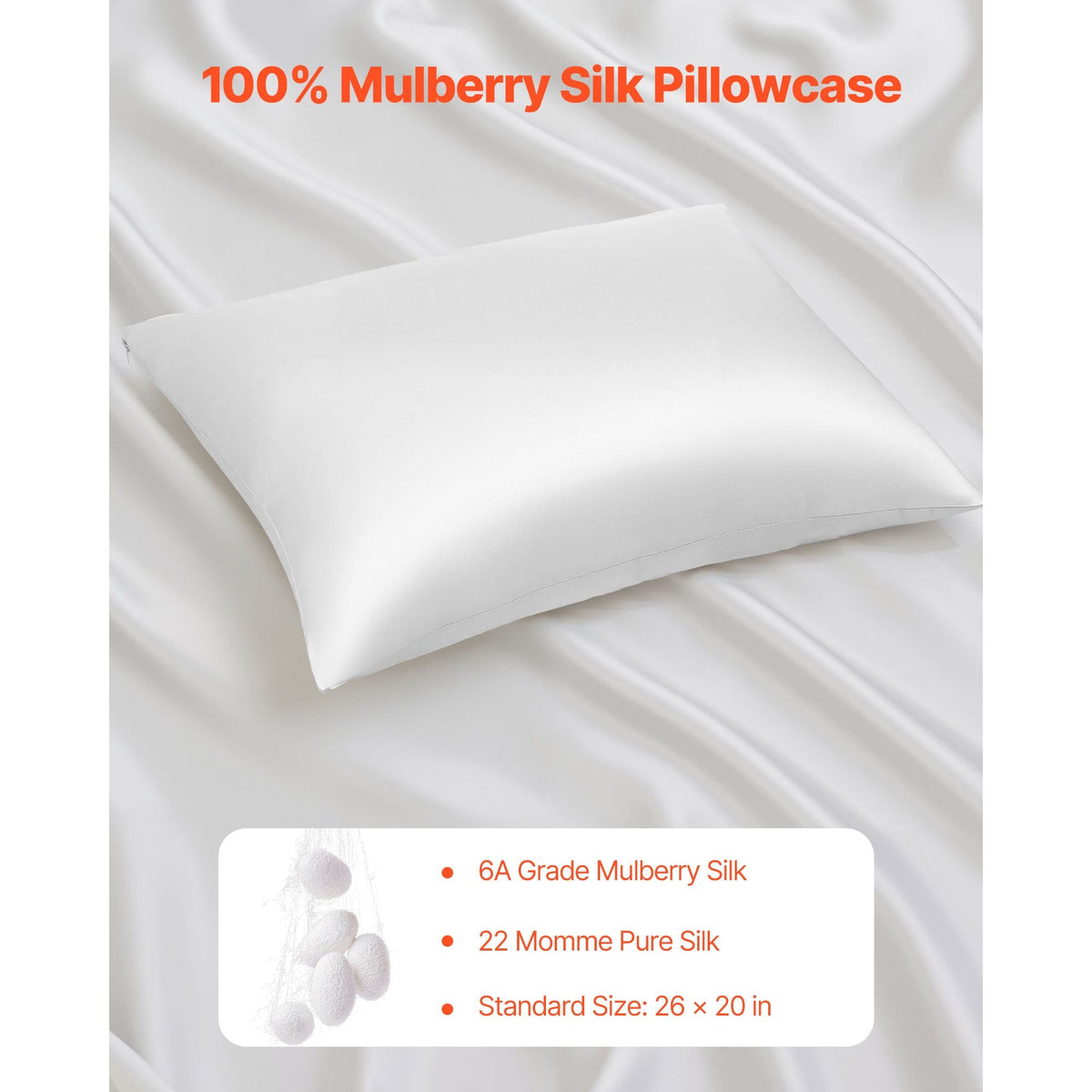 Silk Pillowcase, 100% Pure Mulberry Silk Pillow Case, 26 in x 20 in Standard Silky Pillow Case for Hair and Skin, Smooth, Soft and Breathable Pillowcase with Hidden Zipper, for Sleeping (White)