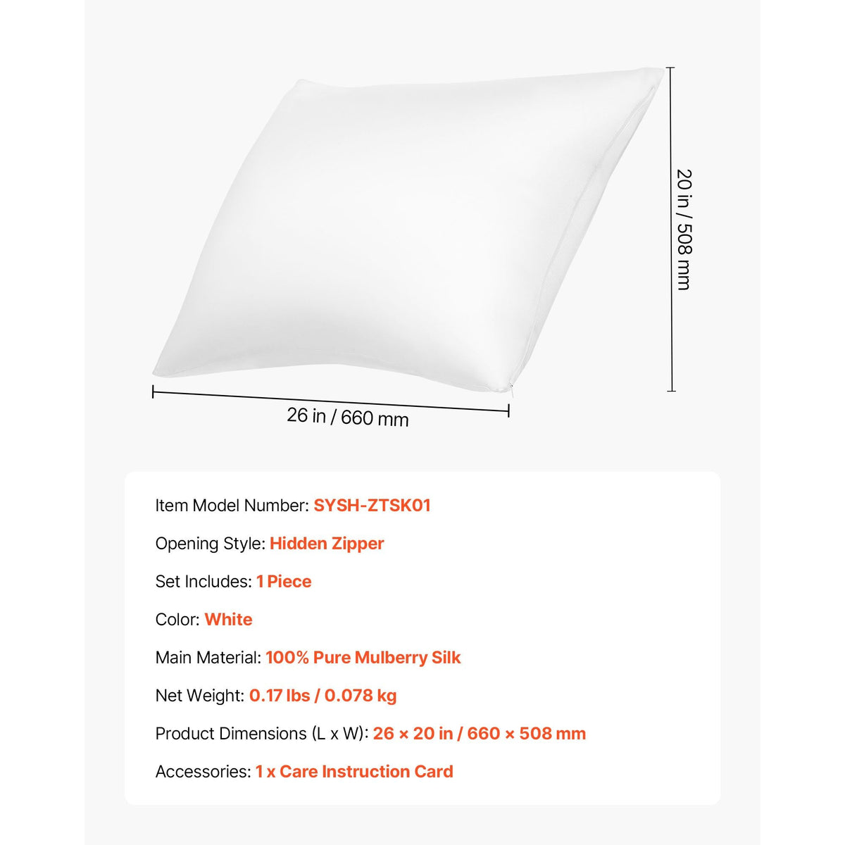 Silk Pillowcase, 100% Pure Mulberry Silk Pillow Case, 26 in x 20 in Standard Silky Pillow Case for Hair and Skin, Smooth, Soft and Breathable Pillowcase with Hidden Zipper, for Sleeping (White)