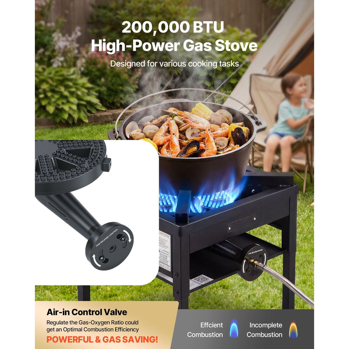 Single Burner Outdoor Propane Gas Stove, 200,000 BTU Propane LPG Gas Camping Stove, Heavy Duty Carbon Steel Outdoor Cooker, with Shield & 20 PSI Regulator, for BBQ Camp Home Patio Seafood Boil