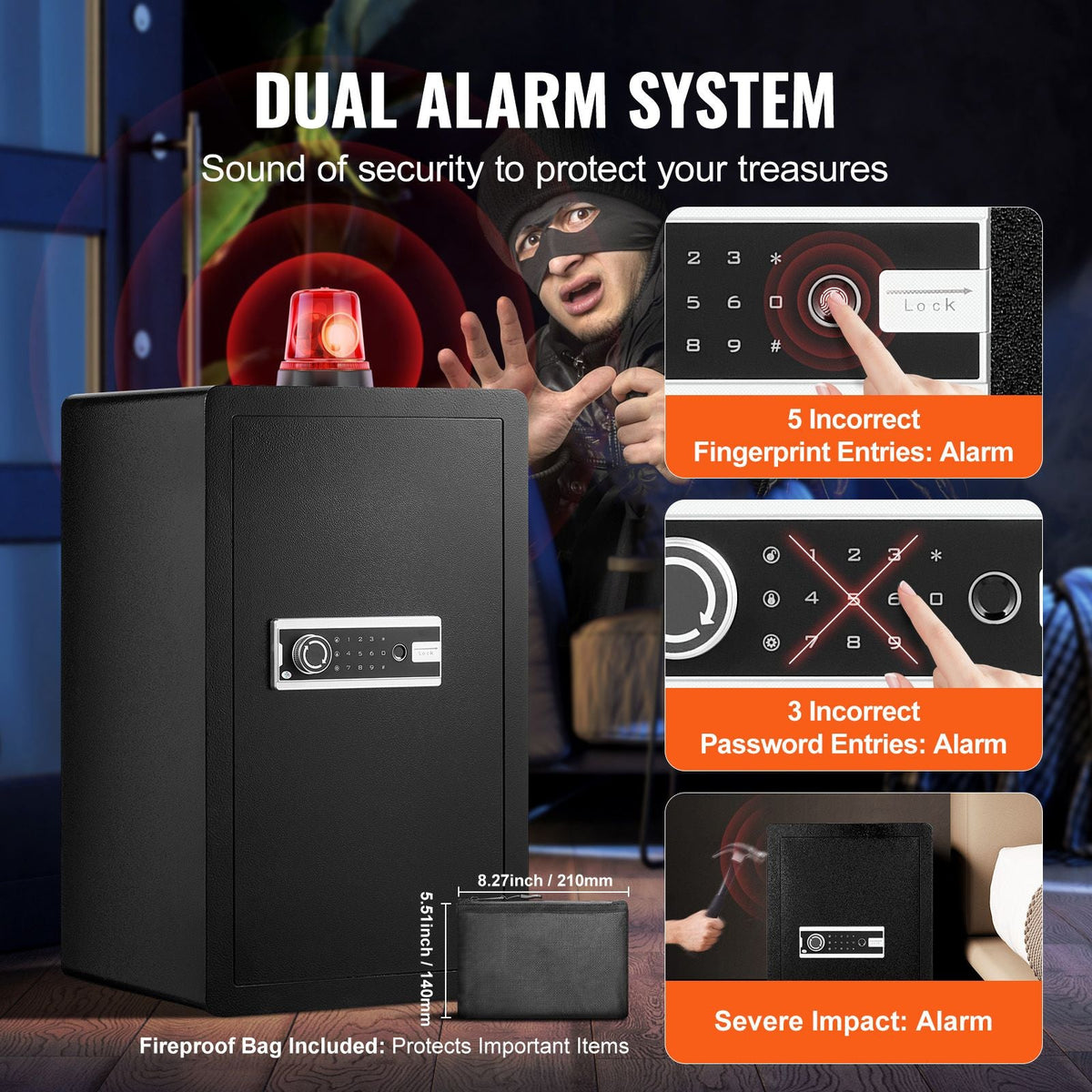 Single Door 4.0 cu.ft Safe Box with Key Lock, Password & Fingerprint, Safe Lock Box with Fireproof Bag, Key Rack, LED Light, and 2 Shelves for Money, Documents, Jewelry, and Valuables, Black