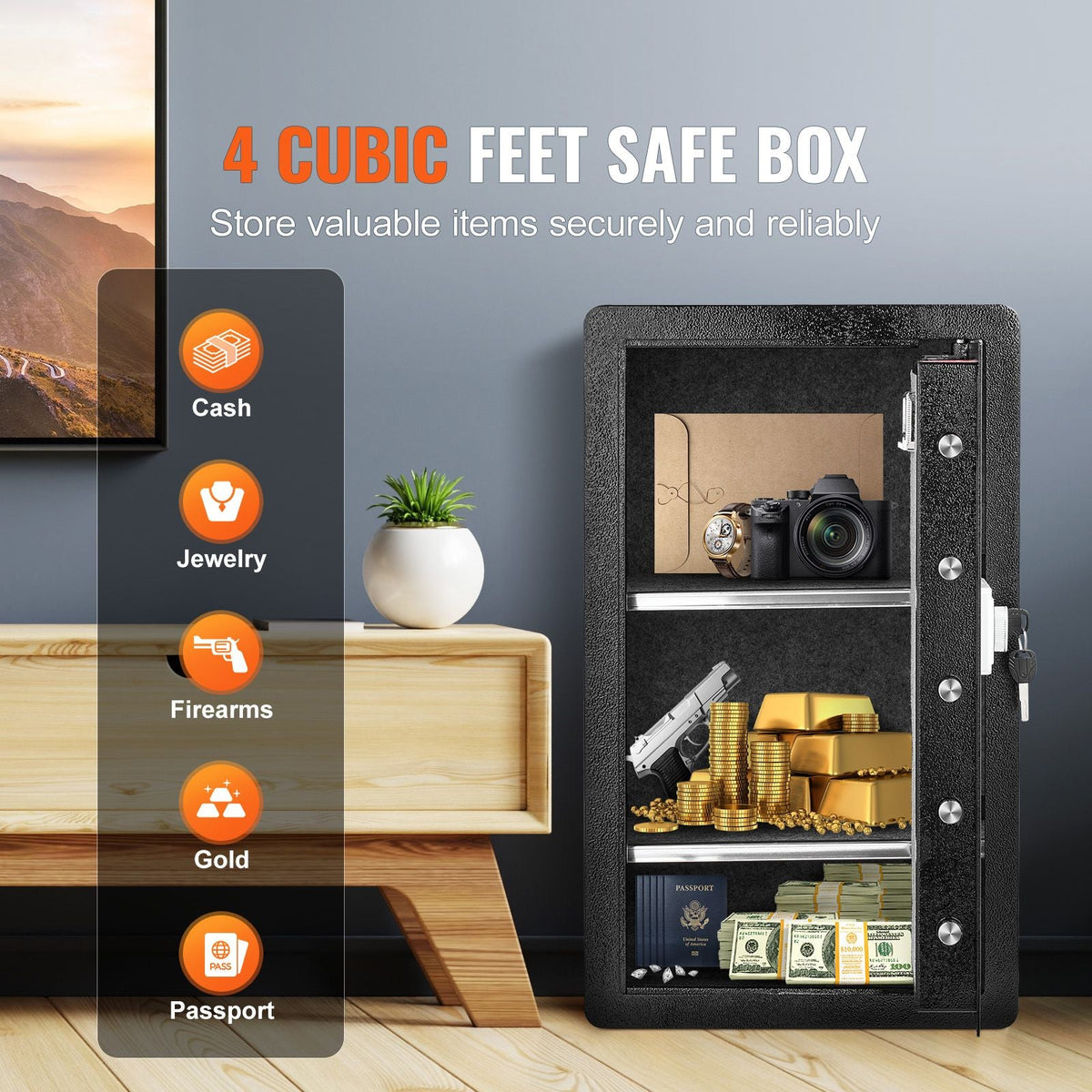 Single Door 4.0 cu.ft Safe Box with Key Lock, Password & Fingerprint, Safe Lock Box with Fireproof Bag, Key Rack, LED Light, and 2 Shelves for Money, Documents, Jewelry, and Valuables, Black