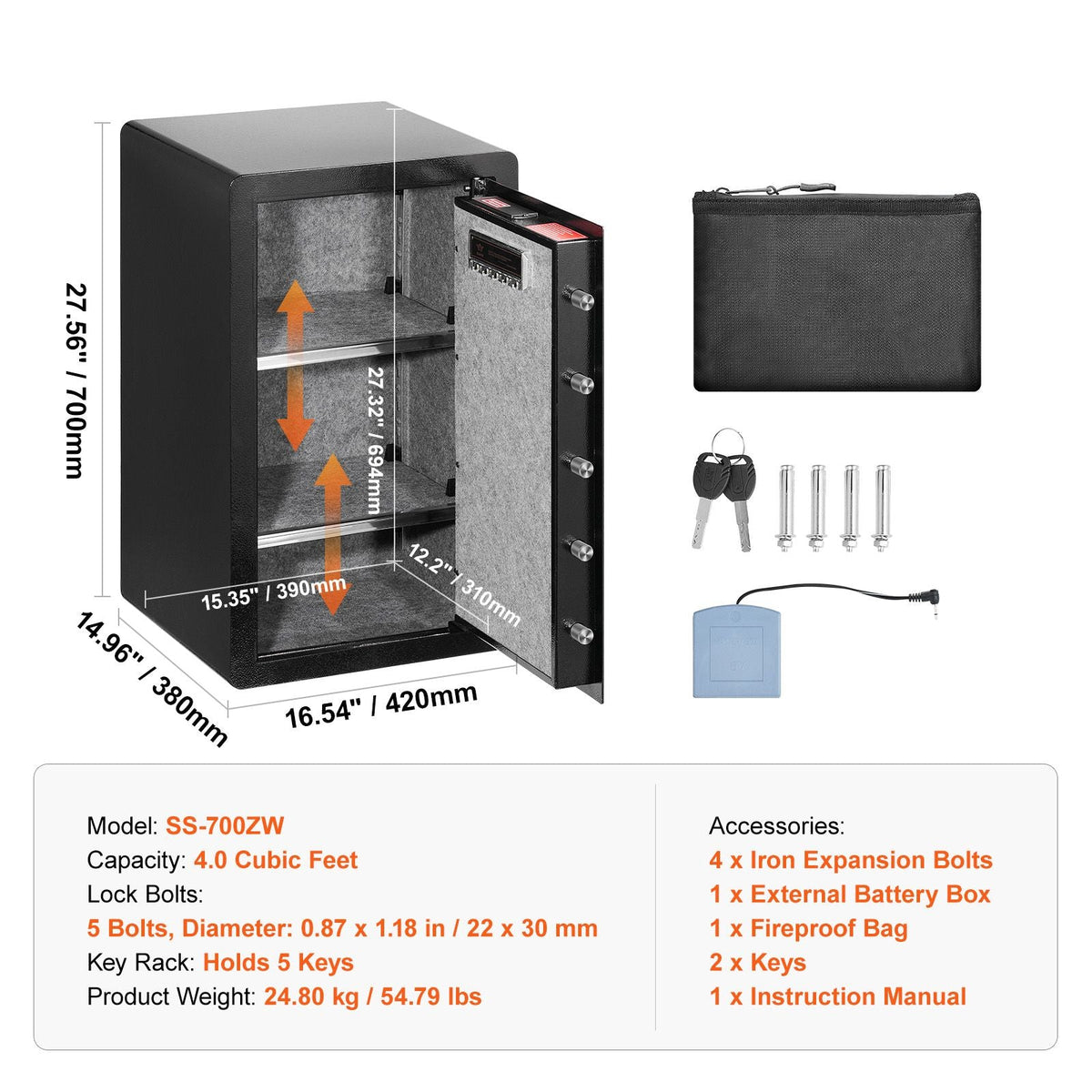 Single Door 4.0 cu.ft Safe Box with Key Lock, Password & Fingerprint, Safe Lock Box with Fireproof Bag, Key Rack, LED Light, and 2 Shelves for Money, Documents, Jewelry, and Valuables, Black