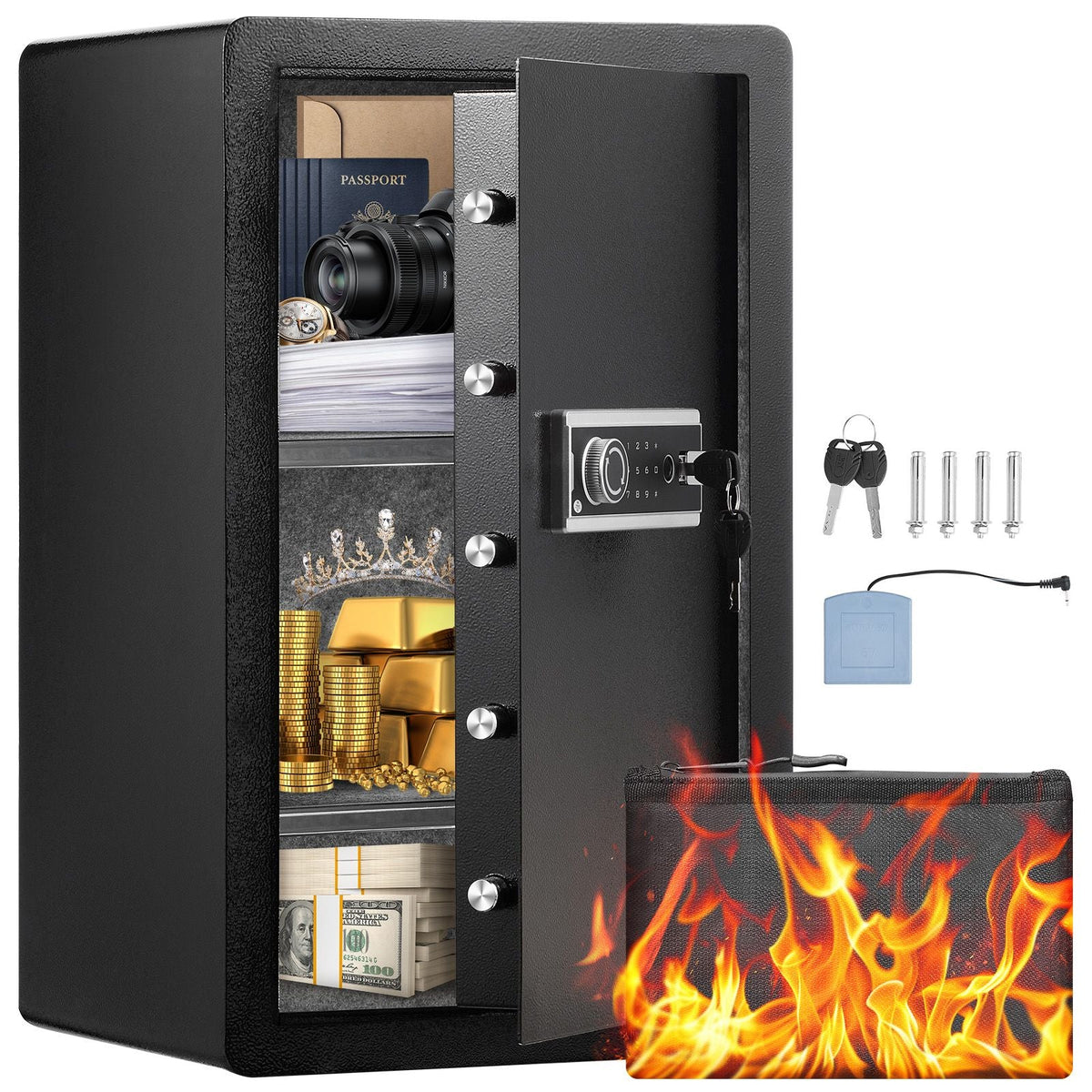 Single Door 4.0 cu.ft Safe Box with Key Lock, Password & Fingerprint, Safe Lock Box with Fireproof Bag, Key Rack, LED Light, and 2 Shelves for Money, Documents, Jewelry, and Valuables, Black