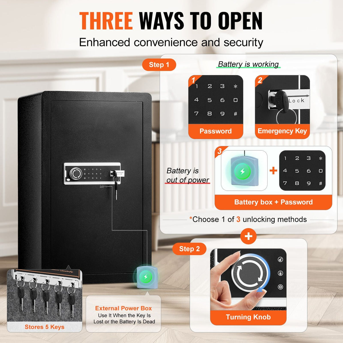 Single Door 4.0 cu.ft Safe Box with Key Lock & Password, Safe Lock Box with Fireproof Bag, Key Rack, LED Light, 2 Shelves, and 1 Cabinet for Money, Documents, Jewelry, and Valuables, Black