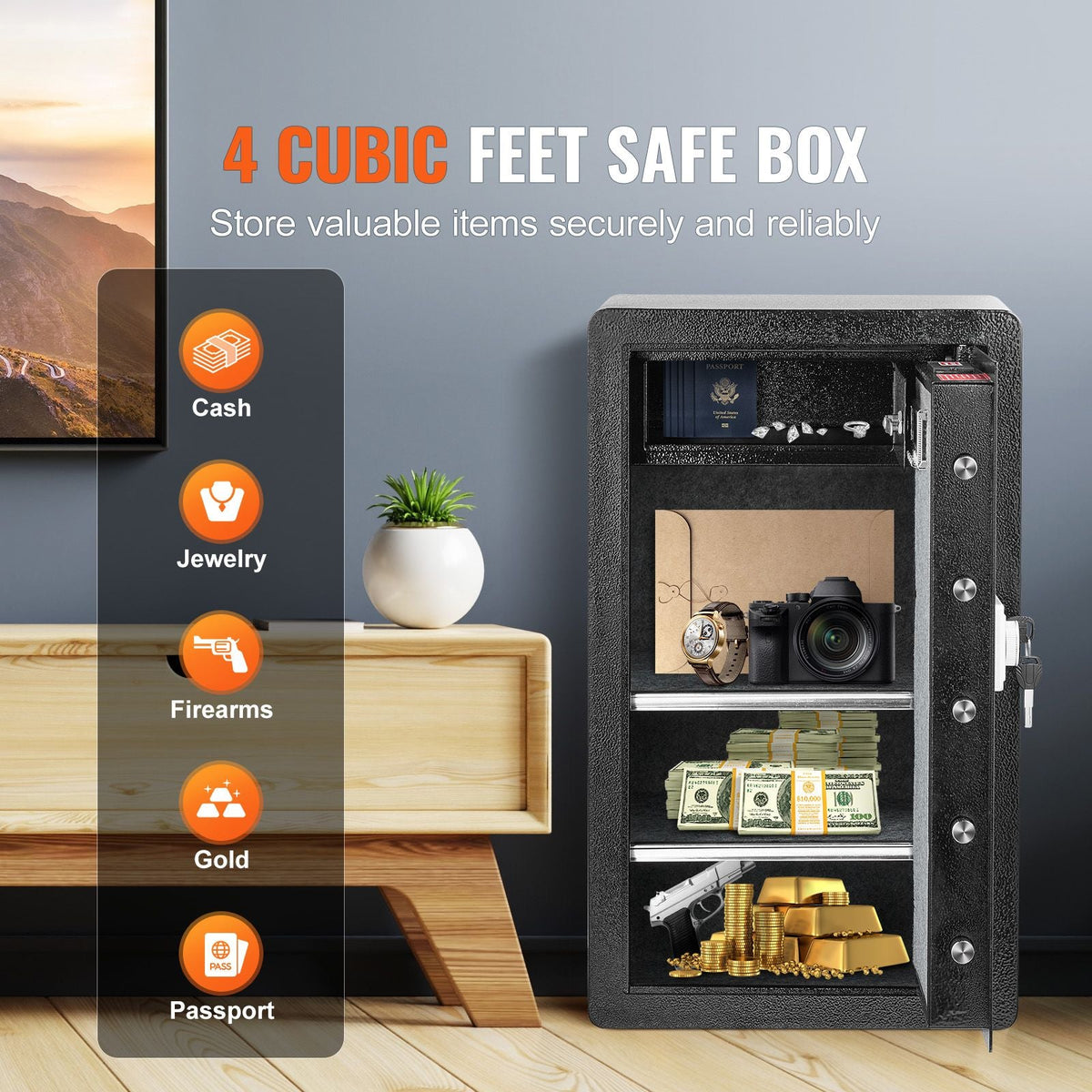 Single Door 4.0 cu.ft Safe Box with Key Lock & Password, Safe Lock Box with Fireproof Bag, Key Rack, LED Light, 2 Shelves, and 1 Cabinet for Money, Documents, Jewelry, and Valuables, Black