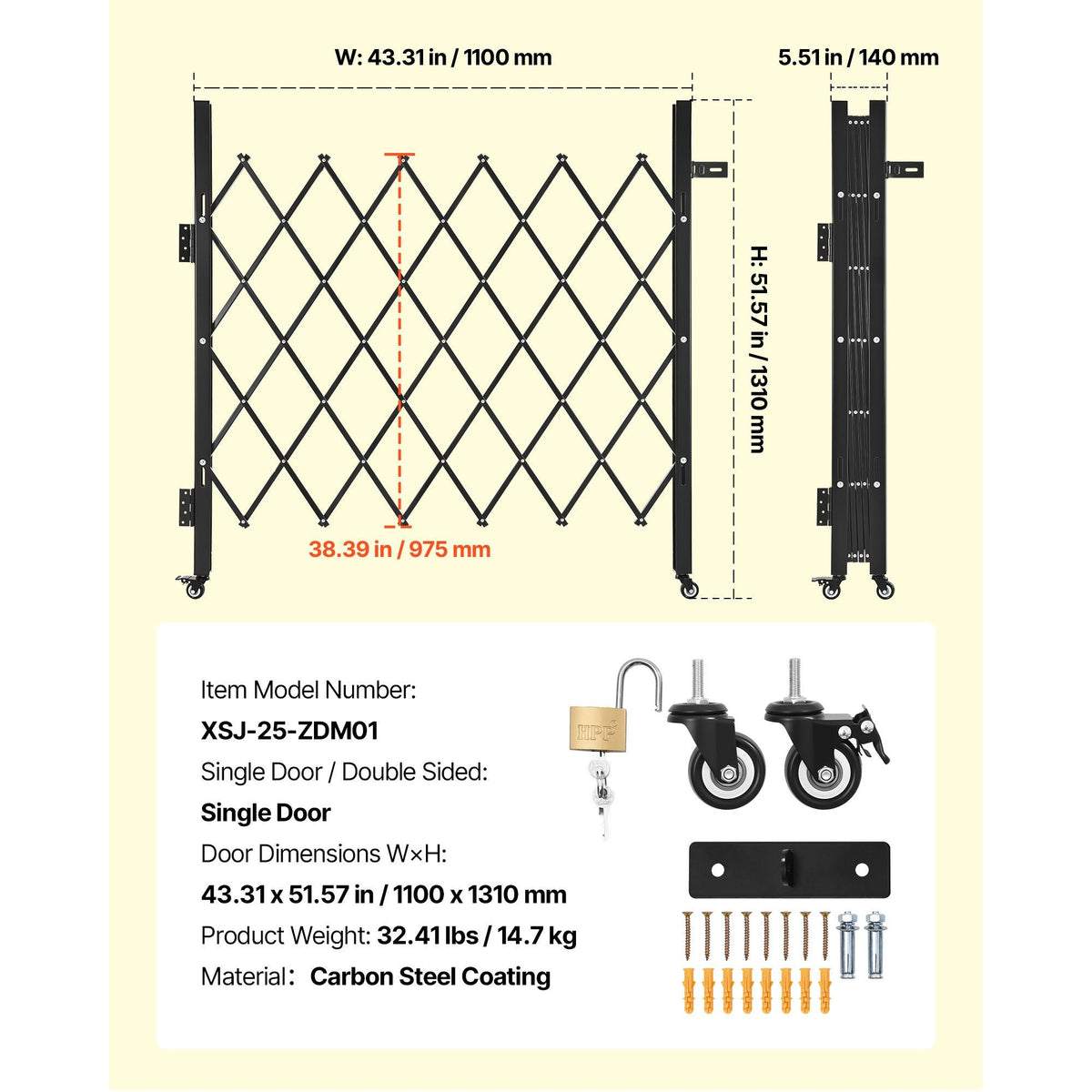 Single Folding Security Gate, Lockable Scissor Gate with 360° Swivel Casters, Outdoor Barricade Steel Retractable Gates, for Entry Security, Garage, Warehouse & Pool, 43.31 x 51.57 in (W x H)