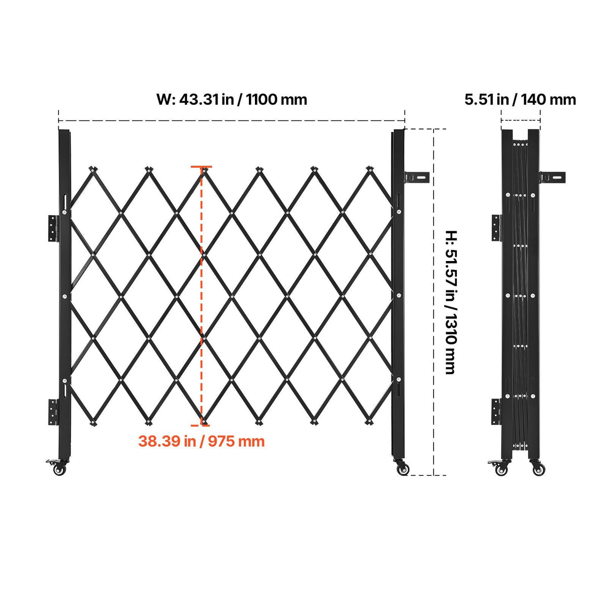 Single Folding Security Gate, Lockable Scissor Gate with 360° Swivel Casters, Outdoor Barricade Steel Retractable Gates, for Entry Security, Garage, Warehouse & Pool, 43.31 x 51.57 in (W x H)
