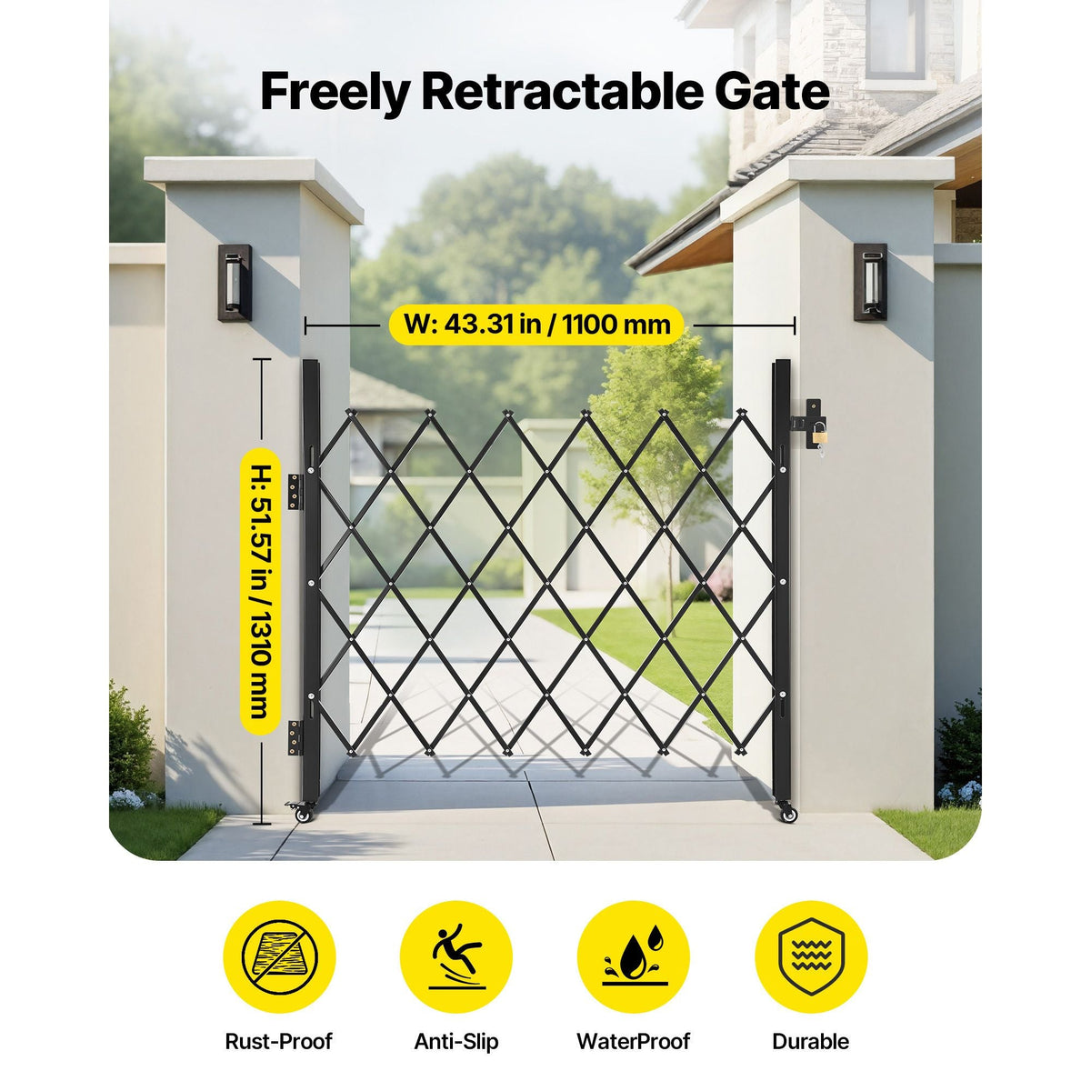 Single Folding Security Gate, Lockable Scissor Gate with 360° Swivel Casters, Outdoor Barricade Steel Retractable Gates, for Entry Security, Garage, Warehouse & Pool, 43.31 x 51.57 in (W x H)