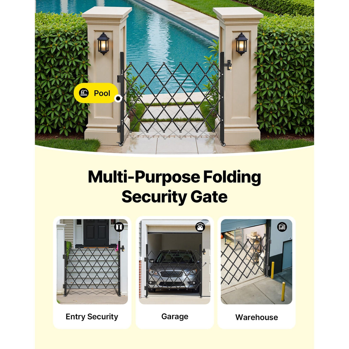 Single Folding Security Gate, Lockable Scissor Gate with 360° Swivel Casters, Outdoor Barricade Steel Retractable Gates, for Entry Security, Garage, Warehouse & Pool, 43.31 x 51.57 in (W x H)
