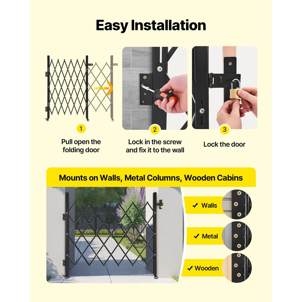 Single Folding Security Gate, Lockable Scissor Gate with 360° Swivel Casters, Outdoor Barricade Steel Retractable Gates, for Entry Security, Garage, Warehouse & Pool, 43.31 x 51.57 in (W x H)