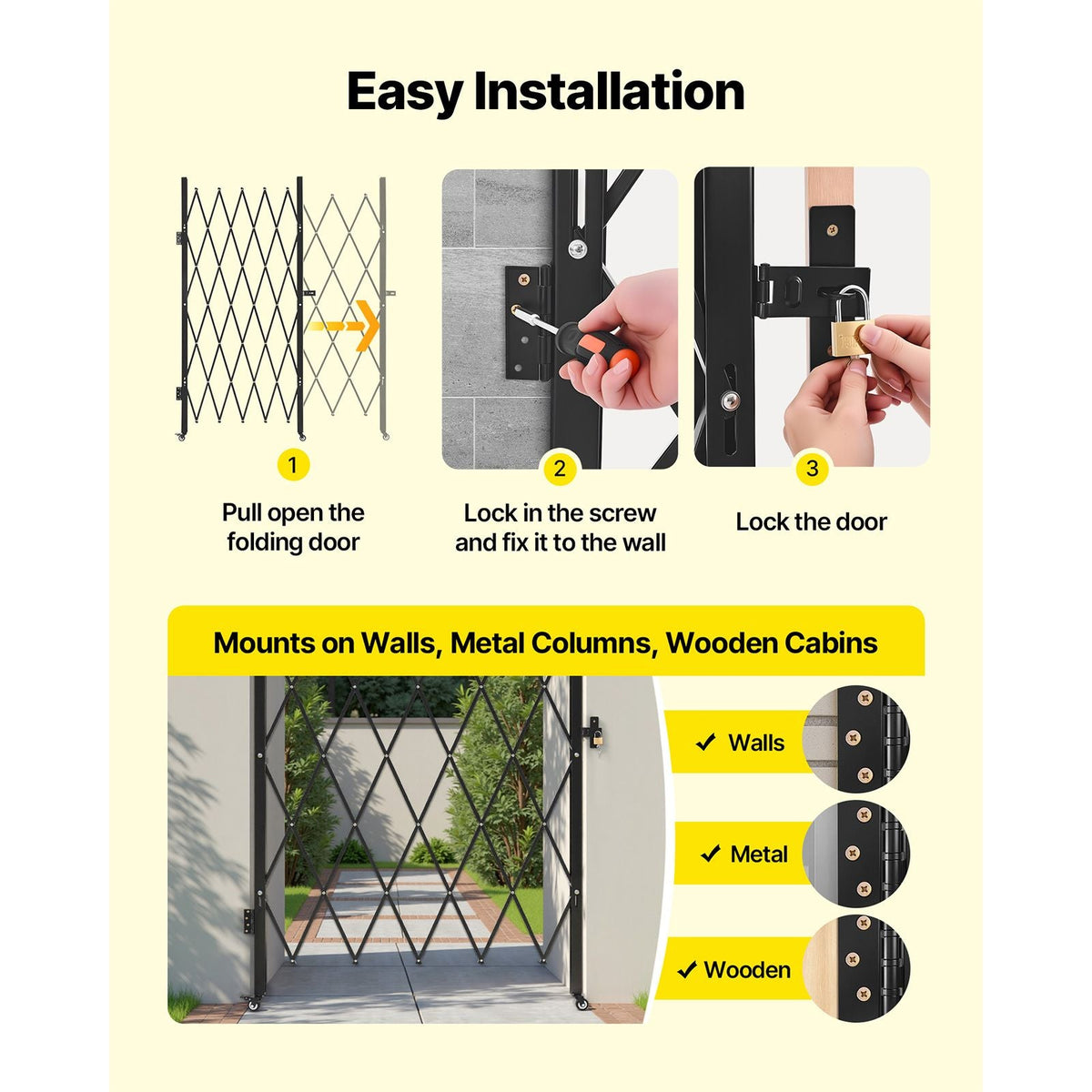 Single Folding Security Gate, Lockable Scissor Gate with 360° Swivel Casters, Outdoor Barricade Steel Retractable Gates, for Entry Security, Garage, Warehouse & Pool, 49.61 x 77.76 in (W x H)