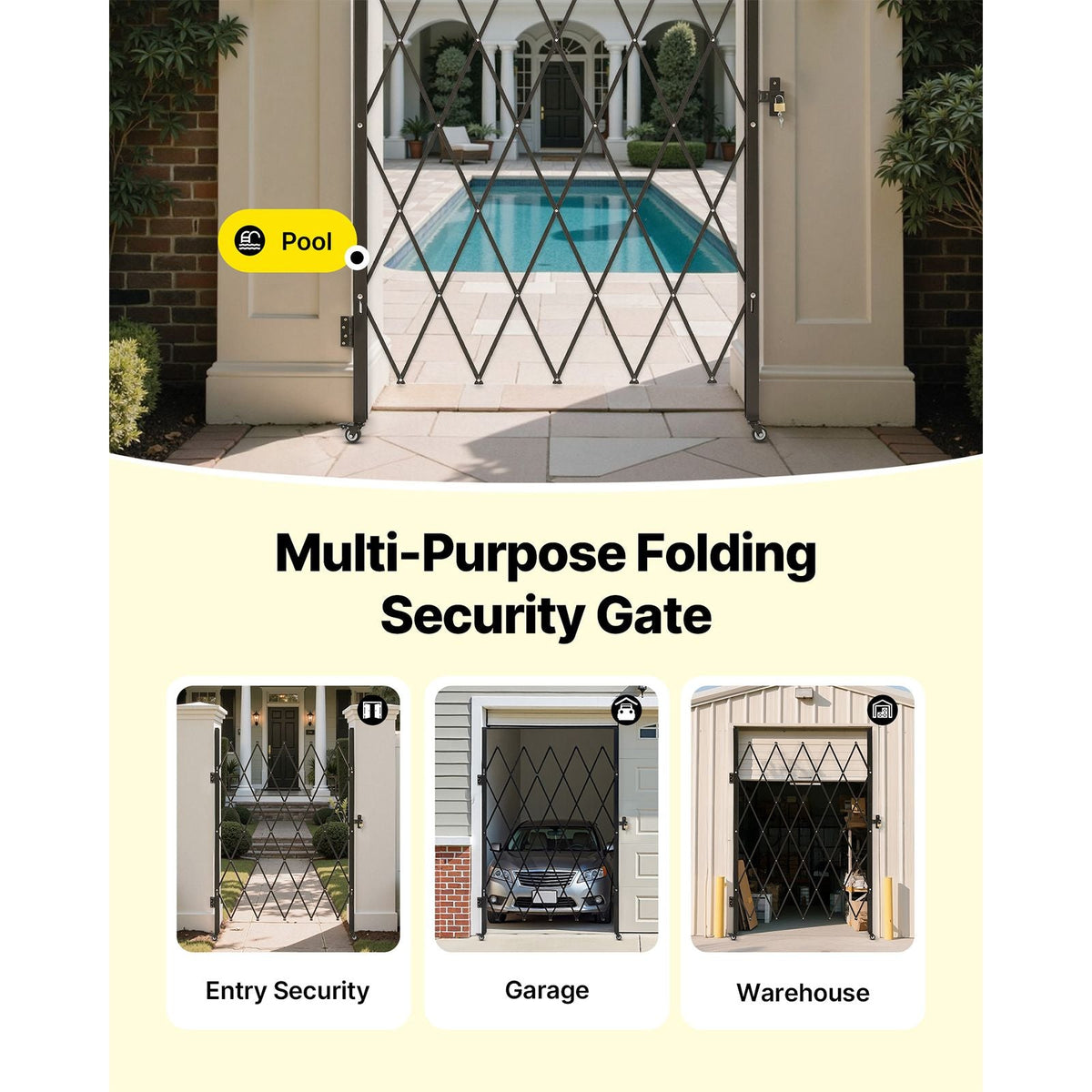 Single Folding Security Gate, Lockable Scissor Gate with 360° Swivel Casters, Outdoor Barricade Steel Retractable Gates, for Entry Security, Garage, Warehouse & Pool, 49.61 x 77.76 in (W x H)