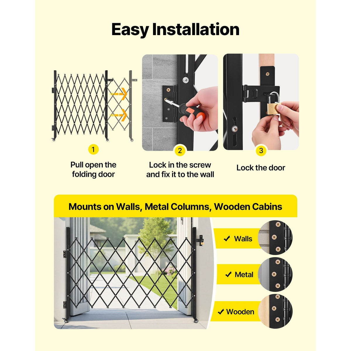 Single Folding Security Gate, Lockable Scissor Gate with 360° Swivel Casters, Outdoor Barricade Steel Retractable Gates, for Entry Security, Garage, Warehouse & Pool, 66.93 x 51.57 in (W x H)