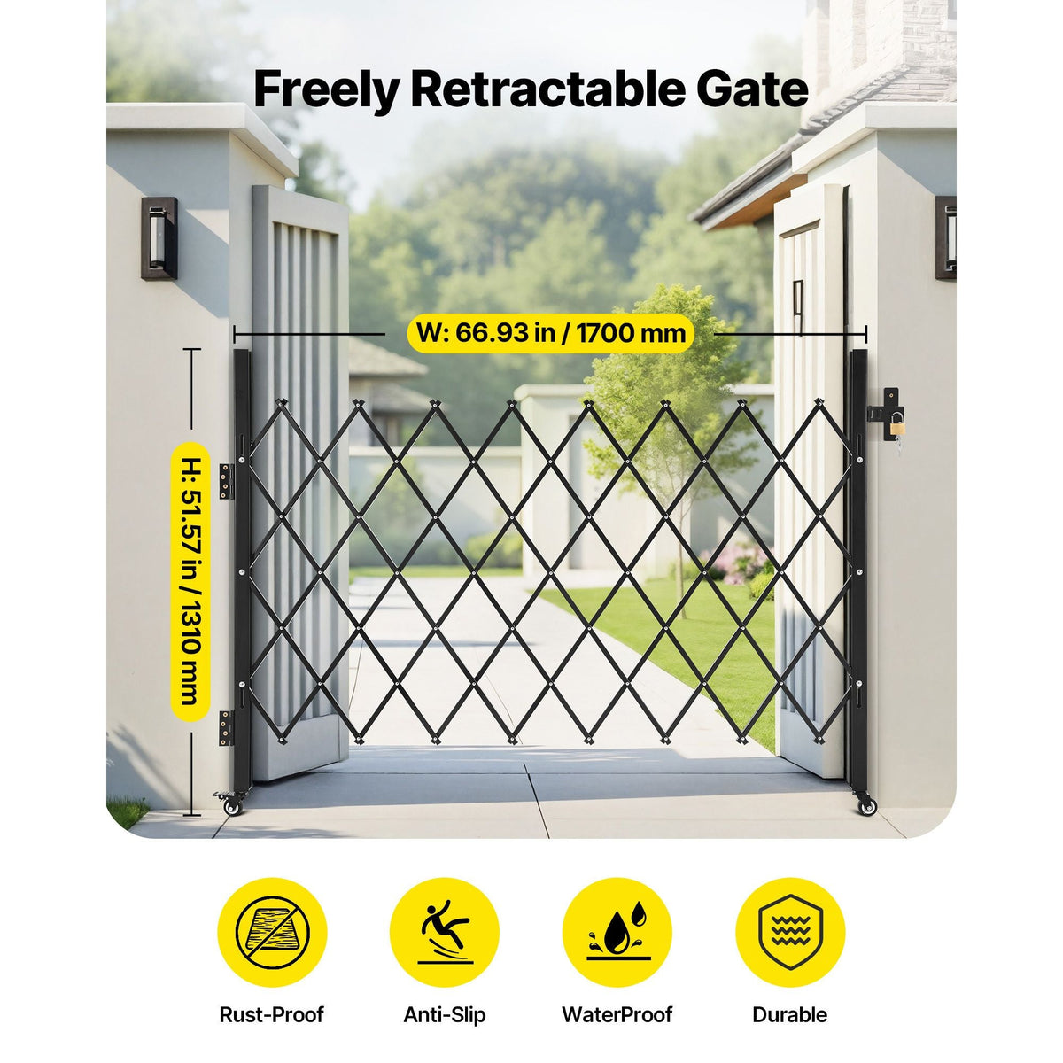 Single Folding Security Gate, Lockable Scissor Gate with 360° Swivel Casters, Outdoor Barricade Steel Retractable Gates, for Entry Security, Garage, Warehouse & Pool, 66.93 x 51.57 in (W x H)