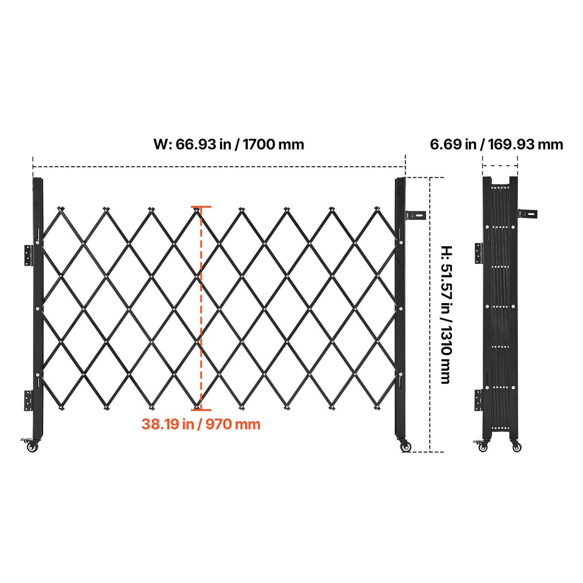 Single Folding Security Gate, Lockable Scissor Gate with 360° Swivel Casters, Outdoor Barricade Steel Retractable Gates, for Entry Security, Garage, Warehouse & Pool, 66.93 x 51.57 in (W x H)