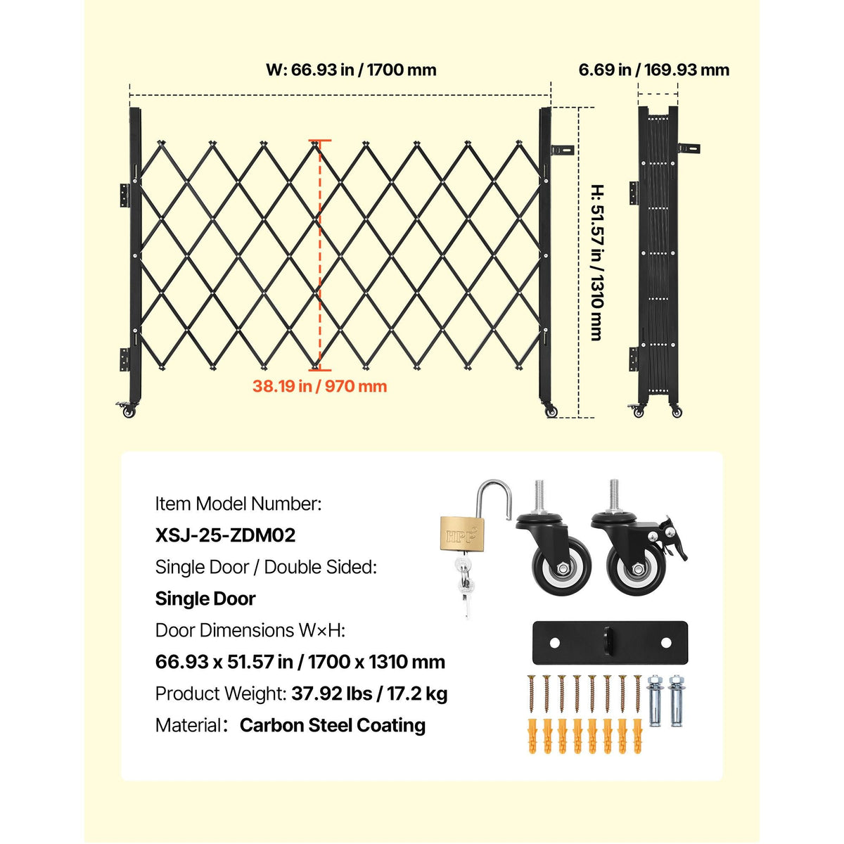Single Folding Security Gate, Lockable Scissor Gate with 360° Swivel Casters, Outdoor Barricade Steel Retractable Gates, for Entry Security, Garage, Warehouse & Pool, 66.93 x 51.57 in (W x H)