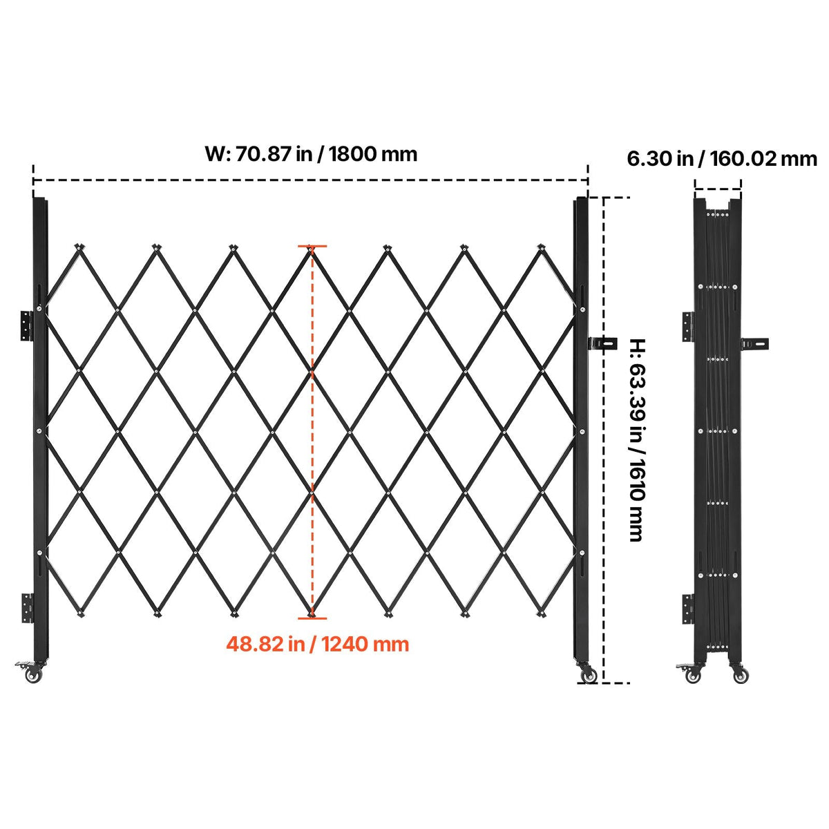 Single Folding Security Gate, Lockable Scissor Gate with 360° Swivel Casters, Outdoor Barricade Steel Retractable Gates, for Entry Security, Garage, Warehouse & Pool, 70.87 x 63.39 in (W x H)