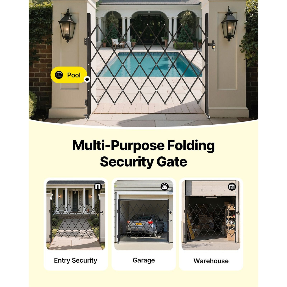 Single Folding Security Gate, Lockable Scissor Gate with 360° Swivel Casters, Outdoor Barricade Steel Retractable Gates, for Entry Security, Garage, Warehouse & Pool, 70.87 x 63.39 in (W x H)