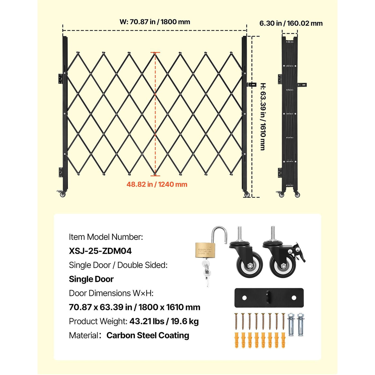 Single Folding Security Gate, Lockable Scissor Gate with 360° Swivel Casters, Outdoor Barricade Steel Retractable Gates, for Entry Security, Garage, Warehouse & Pool, 70.87 x 63.39 in (W x H)