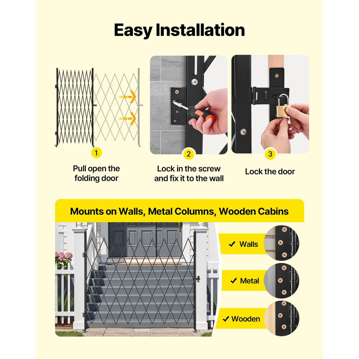 Single Folding Security Gate, Lockable Scissor Gate with 360° Swivel Casters, Outdoor Barricade Steel Retractable Gates, for Entry Security, Garage, Warehouse & Pool, 86.61 x 86.81 in (W x H)