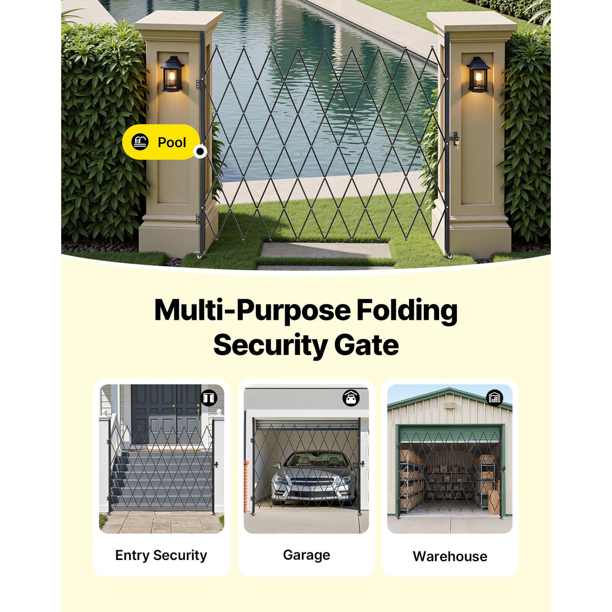 Single Folding Security Gate, Lockable Scissor Gate with 360° Swivel Casters, Outdoor Barricade Steel Retractable Gates, for Entry Security, Garage, Warehouse & Pool, 86.61 x 86.81 in (W x H)