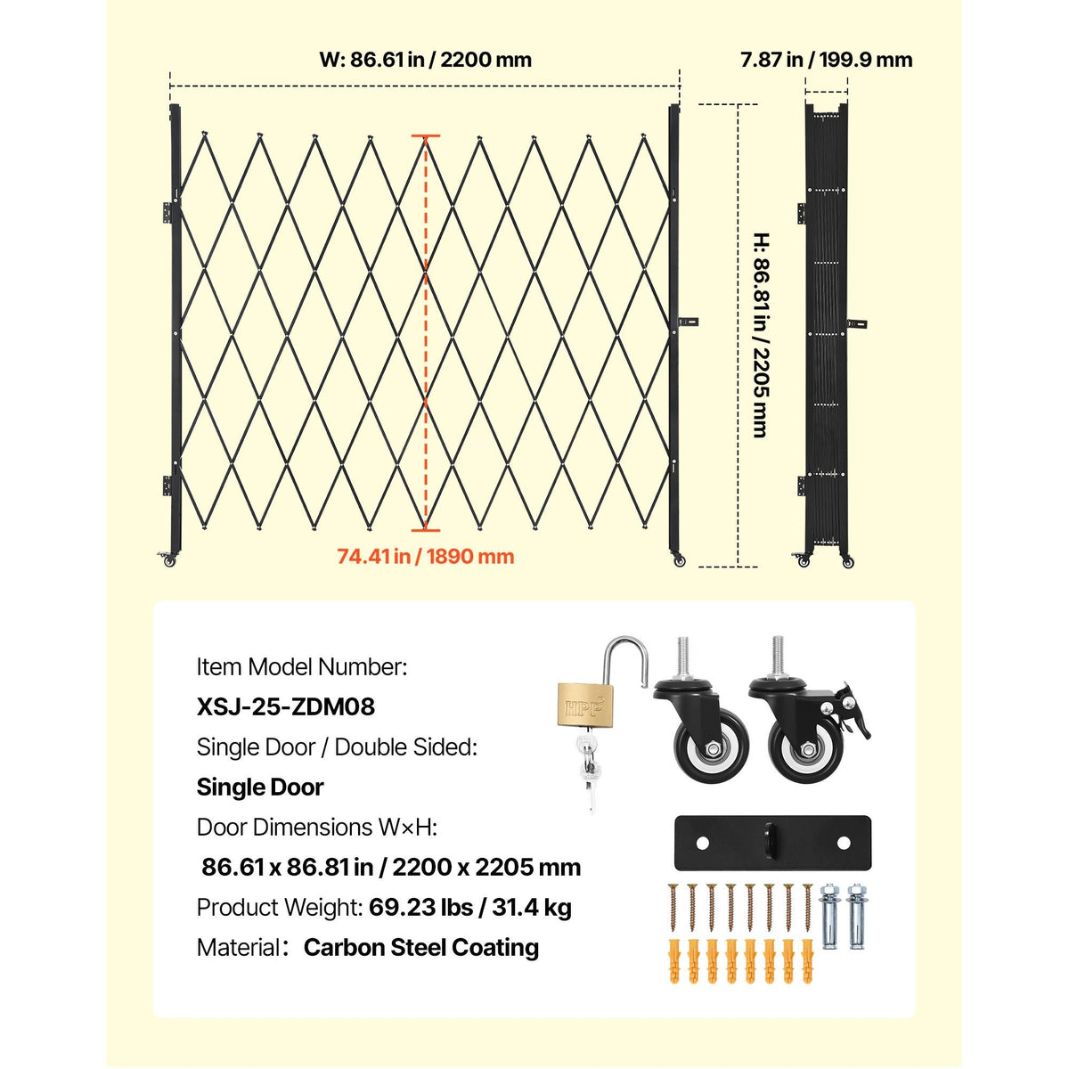 Single Folding Security Gate, Lockable Scissor Gate with 360° Swivel Casters, Outdoor Barricade Steel Retractable Gates, for Entry Security, Garage, Warehouse & Pool, 86.61 x 86.81 in (W x H)