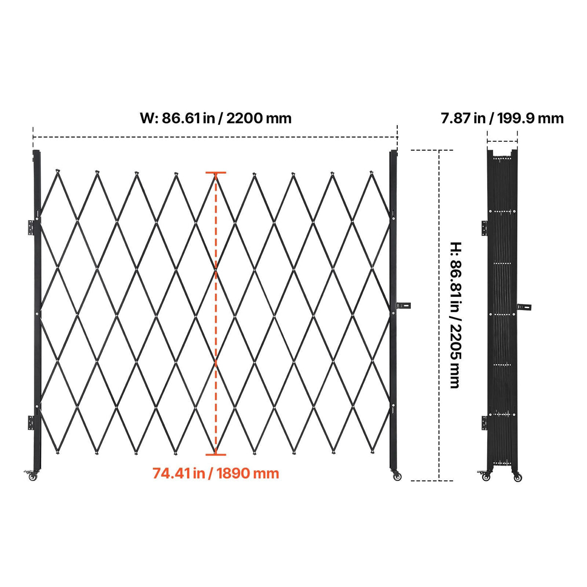 Single Folding Security Gate, Lockable Scissor Gate with 360° Swivel Casters, Outdoor Barricade Steel Retractable Gates, for Entry Security, Garage, Warehouse & Pool, 86.61 x 86.81 in (W x H)