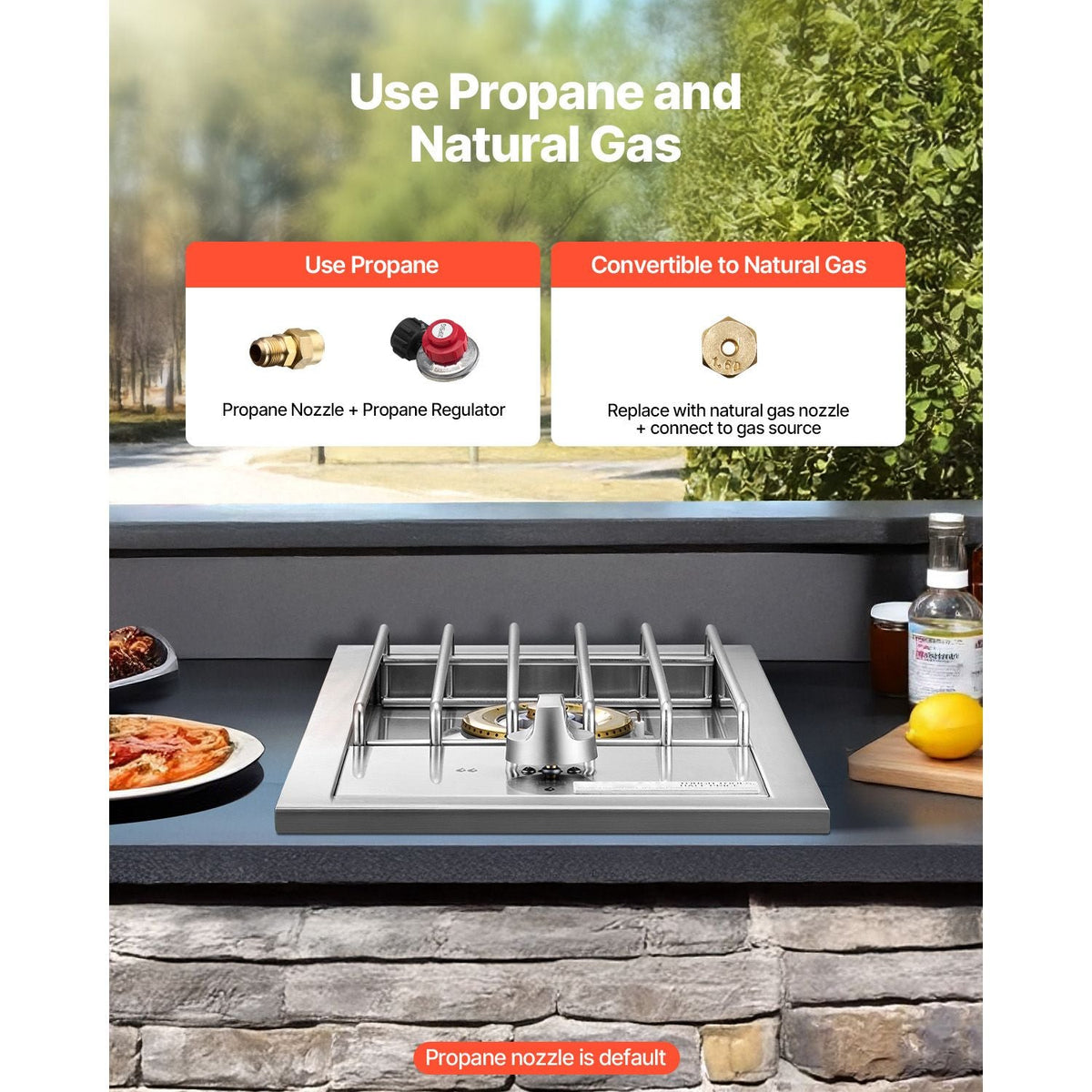 Single Grilling Side Burner, 15,000BTU Liquid Propane Side Burner for Outdoor Kitchen, Convertible to Natural Gas, 304 Stainless Steel Built-in Single Grill Burners for BBQ Grill Island
