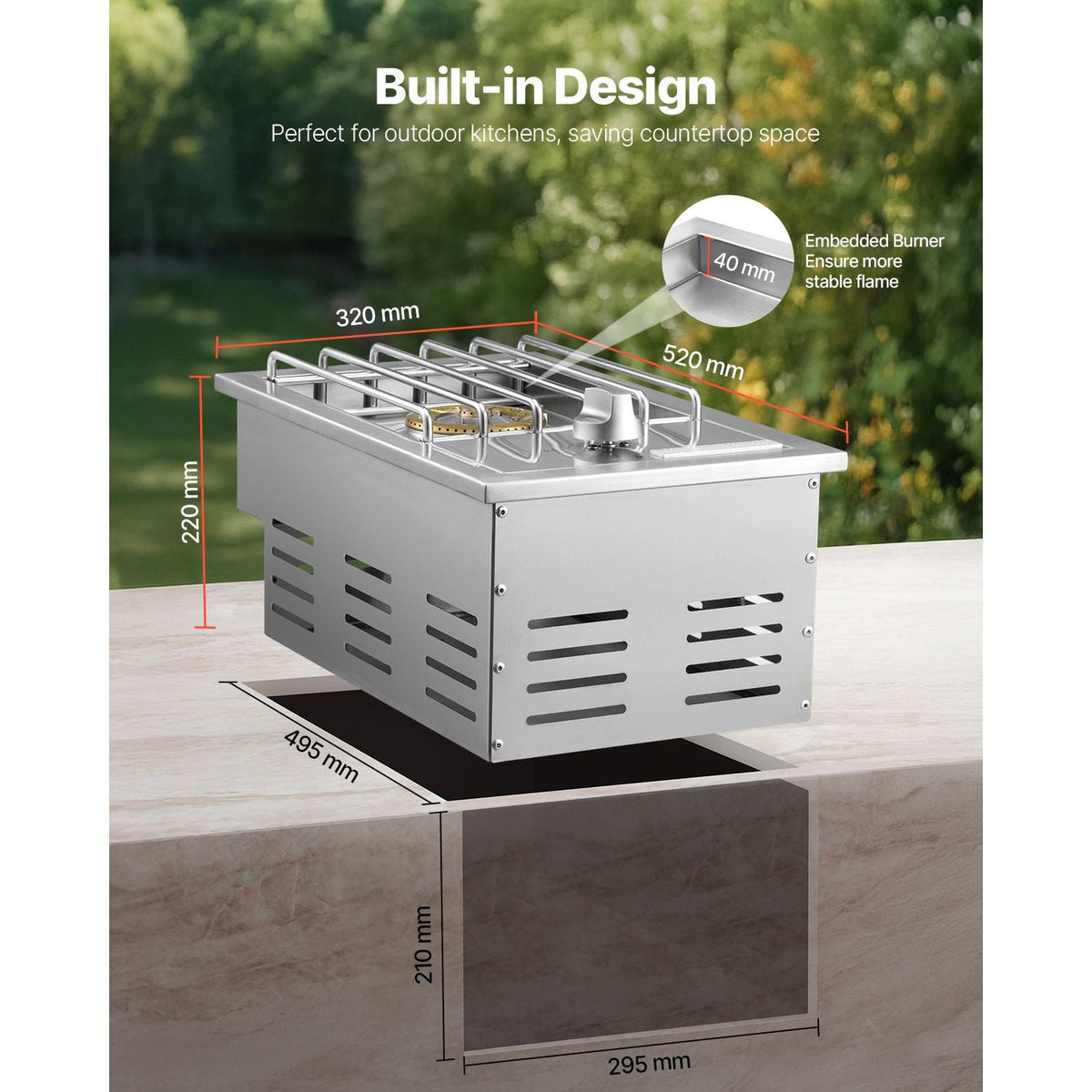 Single Grilling Side Burner, 15,000BTU Liquid Propane Side Burner for Outdoor Kitchen, Convertible to Natural Gas, 304 Stainless Steel Built-in Single Grill Burners for BBQ Grill Island