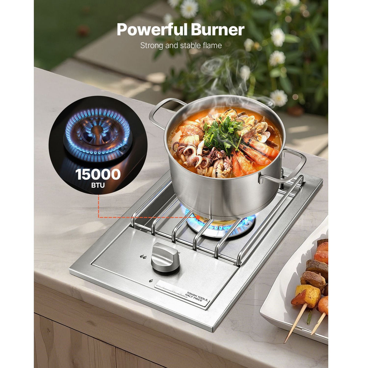 Single Grilling Side Burner, 15,000BTU Liquid Propane Side Burner for Outdoor Kitchen, Convertible to Natural Gas, 304 Stainless Steel Built-in Single Grill Burners for BBQ Grill Island