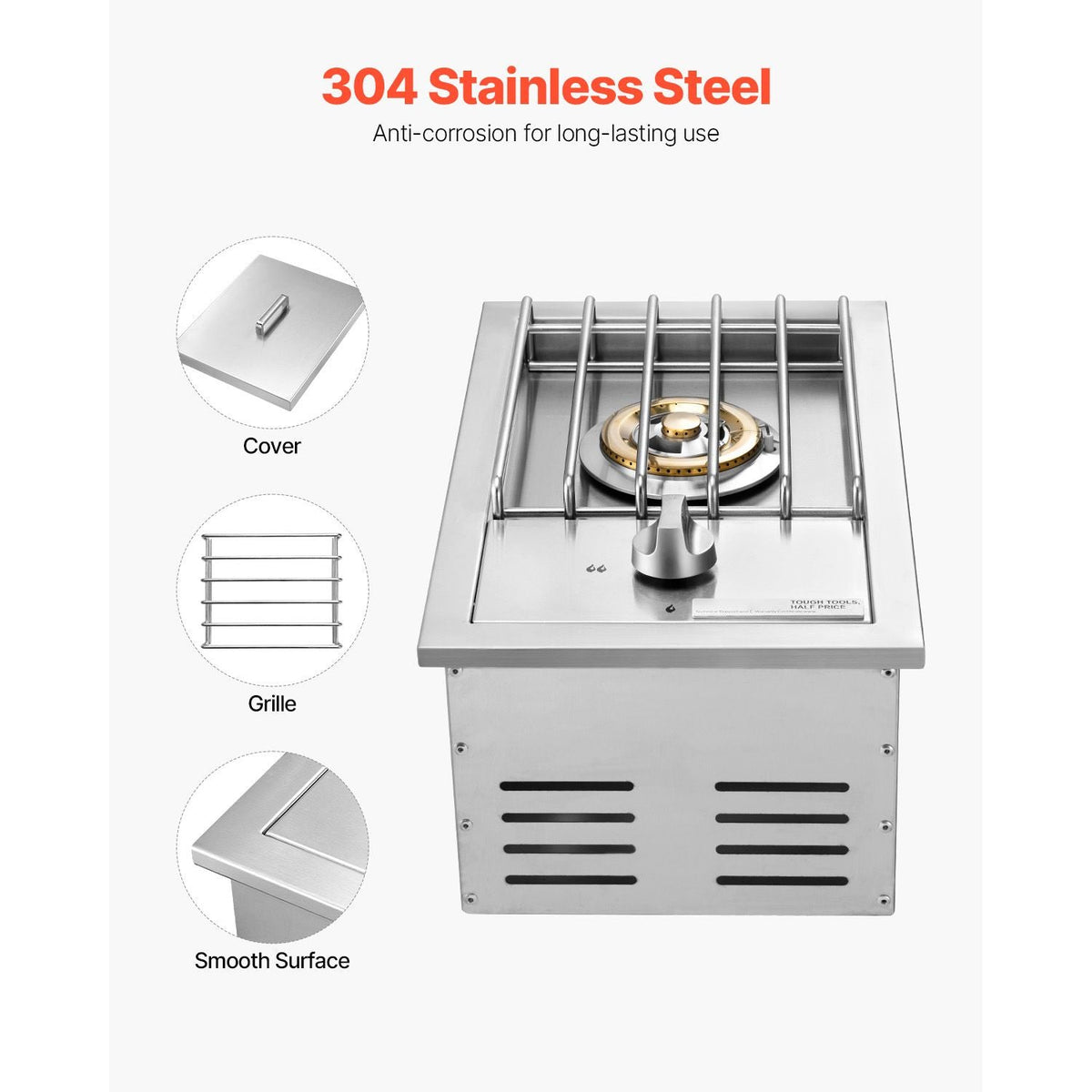 Single Grilling Side Burner, 15,000BTU Liquid Propane Side Burner for Outdoor Kitchen, Convertible to Natural Gas, 304 Stainless Steel Built-in Single Grill Burners for BBQ Grill Island