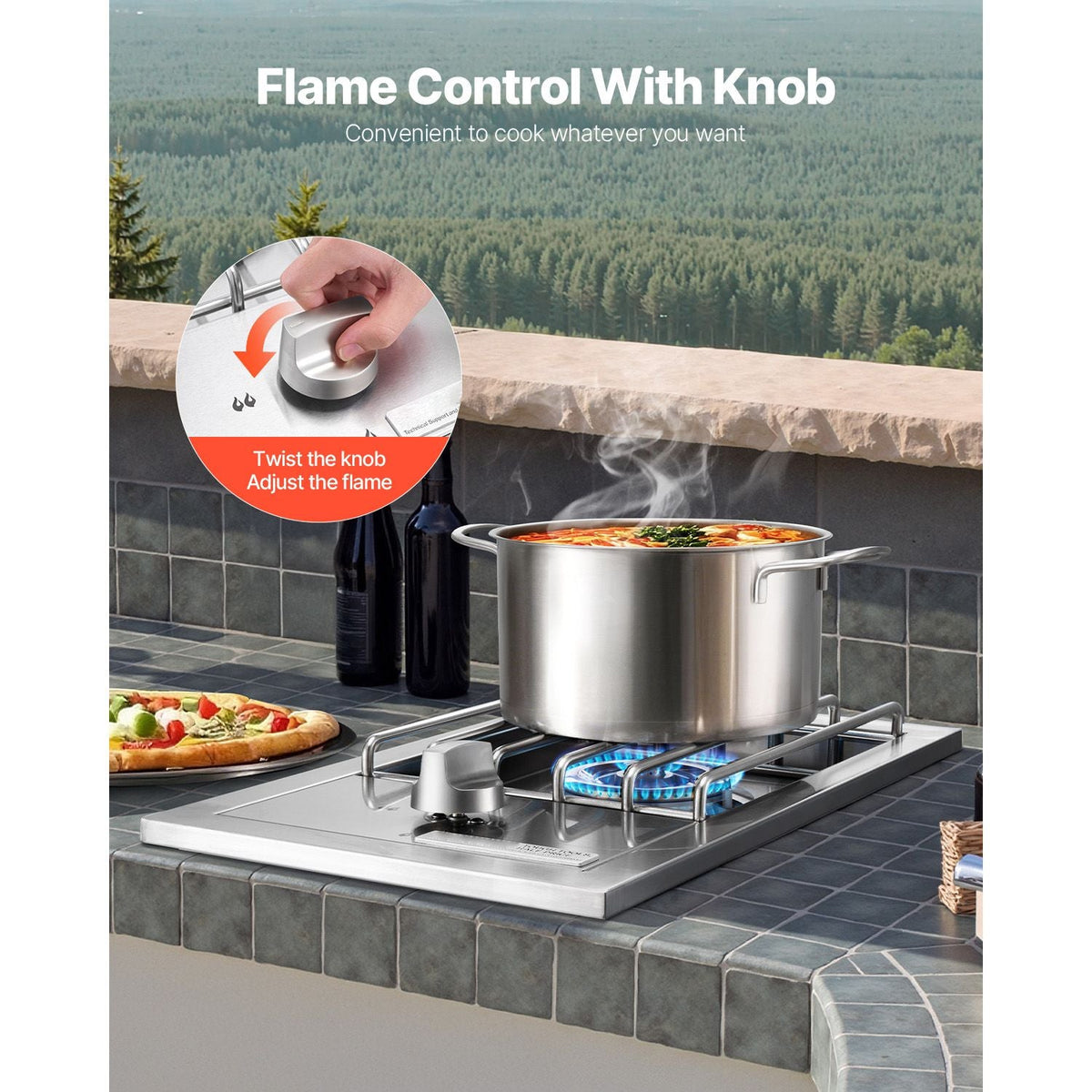 Single Grilling Side Burner, 15,000BTU Liquid Propane Side Burner for Outdoor Kitchen, Convertible to Natural Gas, 304 Stainless Steel Built-in Single Grill Burners for BBQ Grill Island