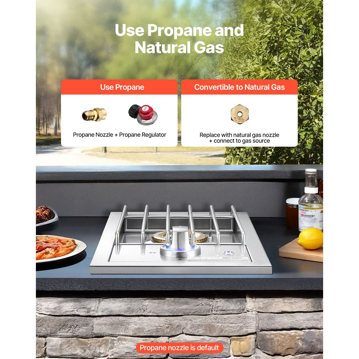 Single Grilling Side Burner, 17,000BTU Liquid Propane Side Burner for Outdoor Kitchen, Convertible to Natural Gas, 304 Stainless Steel Built-in Single Grill Burners with LED for BBQ Grill Island