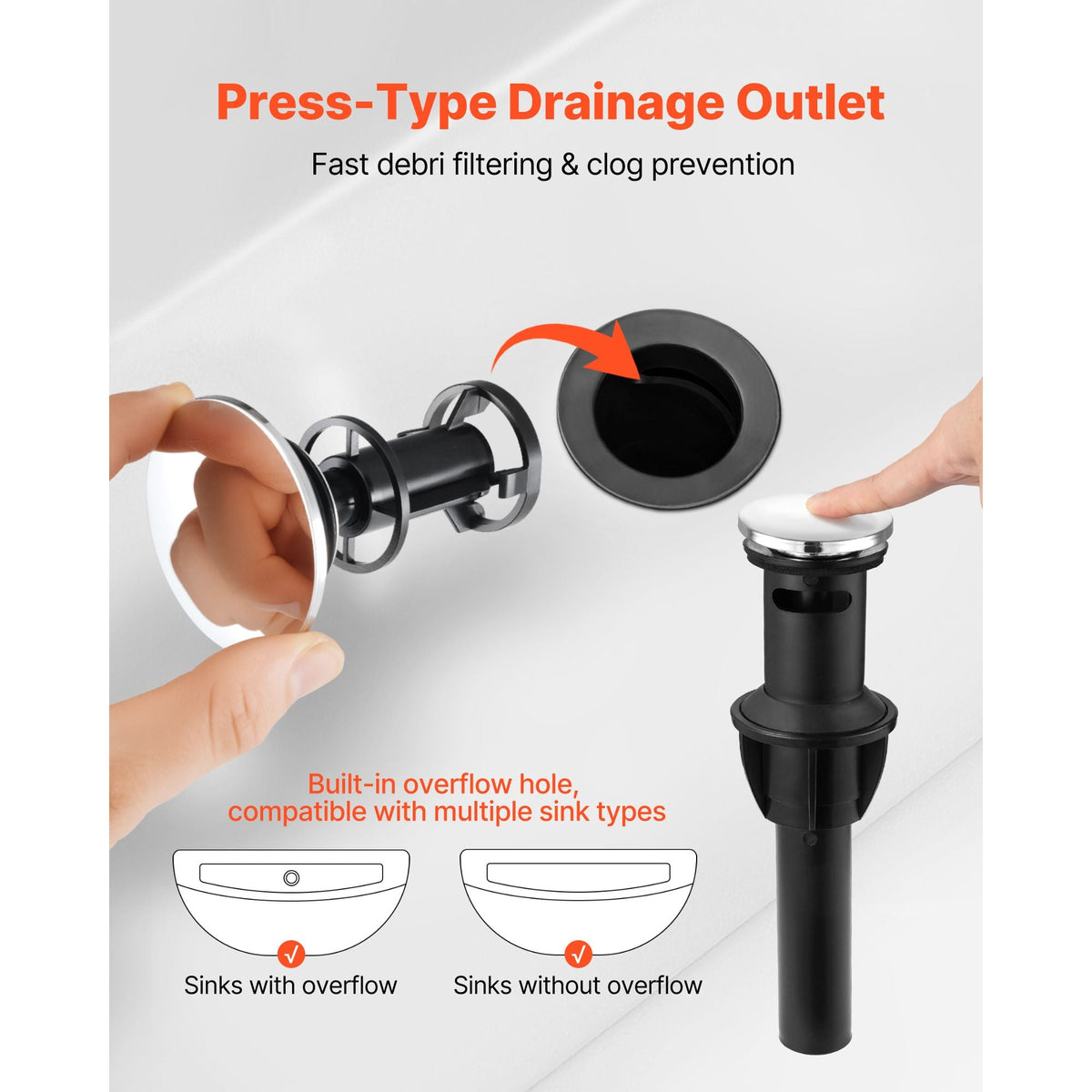 Single Handle Sink Faucet, Chrome-Plated Silver Single Handle Bathroom Faucet, Kitchen Water Faucets with Overflow 1 or 3 Hole, Suitable for Bathroom, RV, Bar Sink, Public Restroom, Press-Type