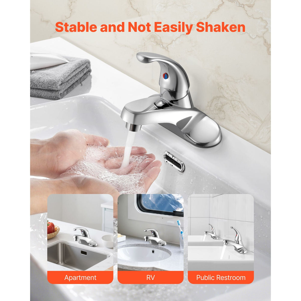 Single Handle Sink Faucet, Chrome-Plated Silver Single Handle Bathroom Faucet, Kitchen Water Faucets with Overflow 1 or 3 Hole, Suitable for Bathroom, RV, Bar Sink, Public Restroom, Press-Type