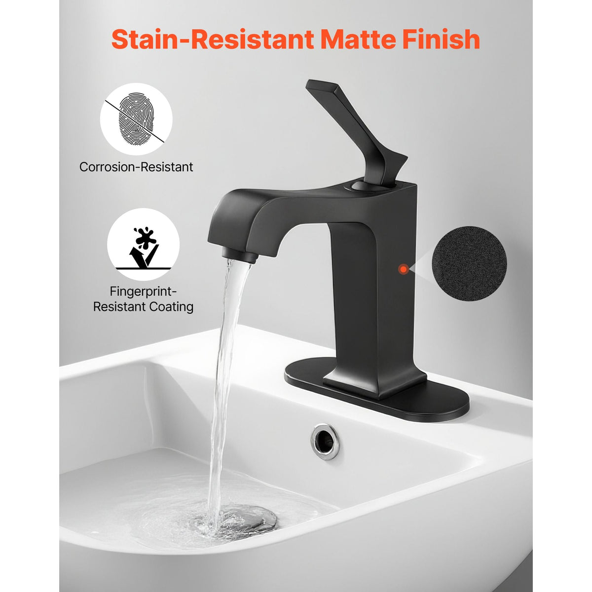Single Handle Sink Faucet, Matte Black Finish Faucet Kitchen Sink, Kitchen Water Faucets with Push-Button Drain, Suitable for Bathroom, RV, Bar Sink, Public Restroom, Waterfall-Style Spout
