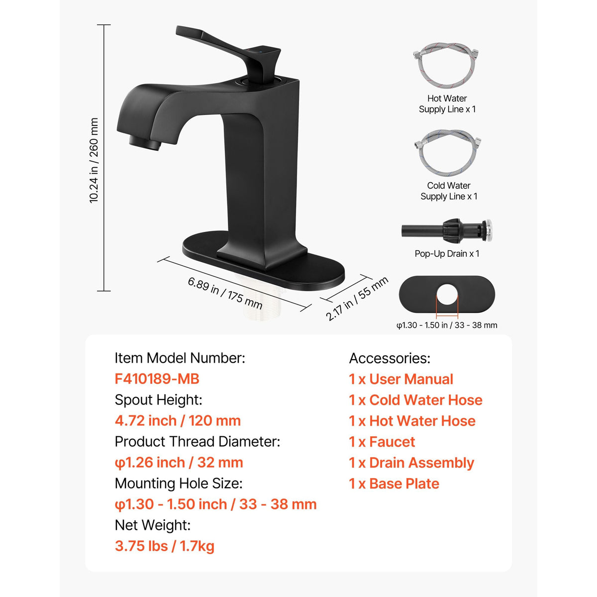 Single Handle Sink Faucet, Matte Black Finish Faucet Kitchen Sink, Kitchen Water Faucets with Push-Button Drain, Suitable for Bathroom, RV, Bar Sink, Public Restroom, Waterfall-Style Spout