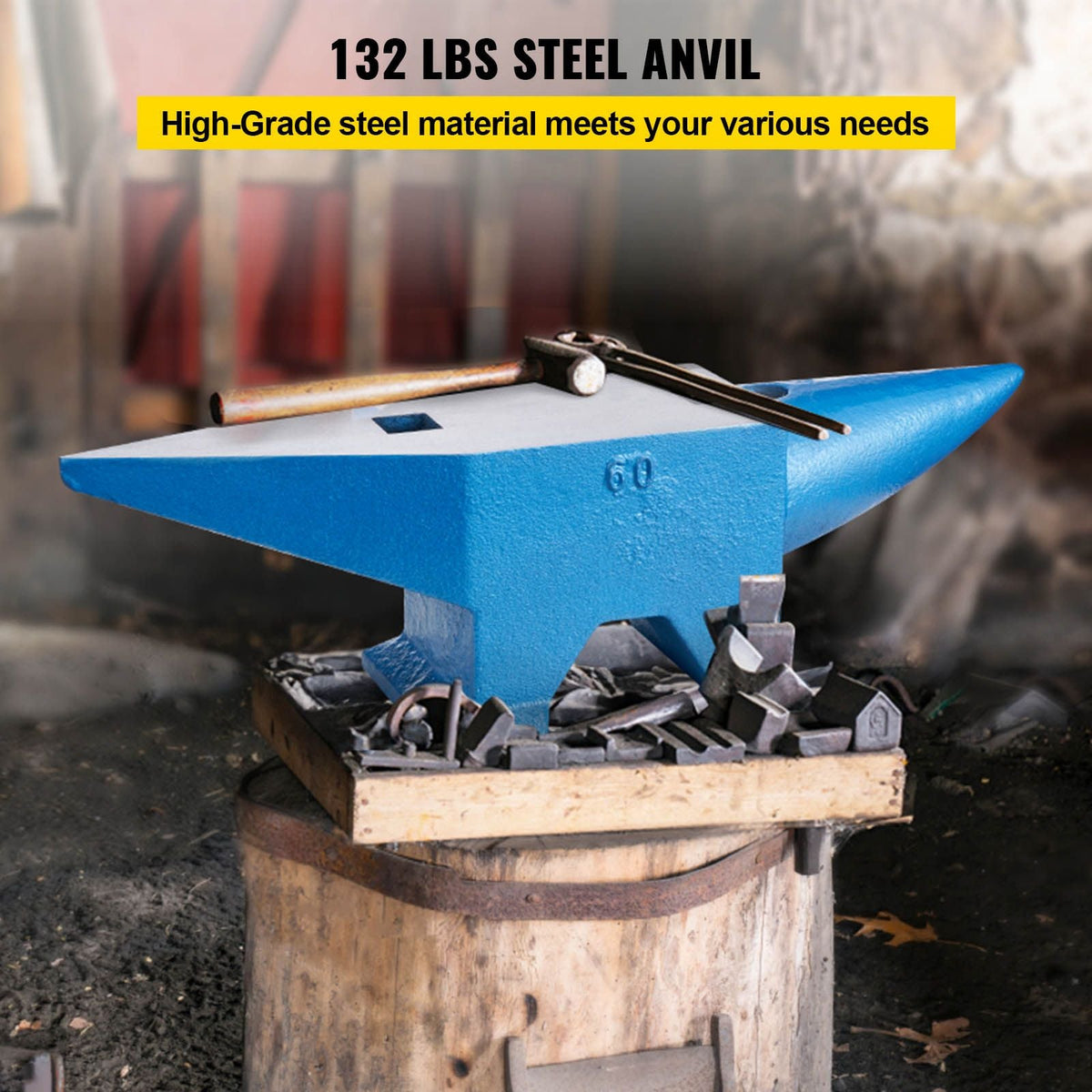 Single Horn Anvil 132Lbs Cast Steel Anvil Blacksmith for Sale Forge Steel Tools with Round and Square Hole and Equipment Anvil Rugged Blacksmith Jewelers Durable and Robust Metal Working Tool